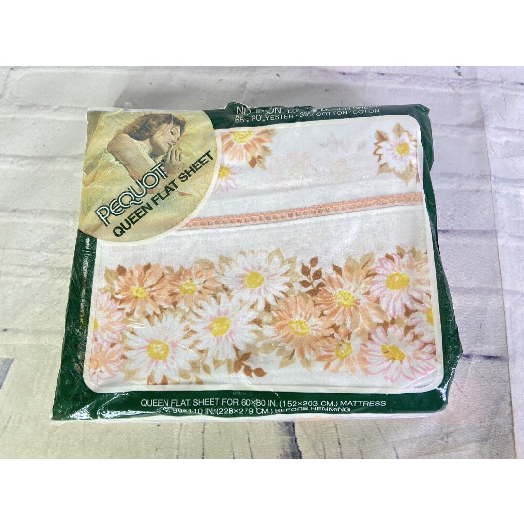 VTG Pequot Muslin Luxury Queen Flat Sheet White Peach Pink Floral 60in x 80in