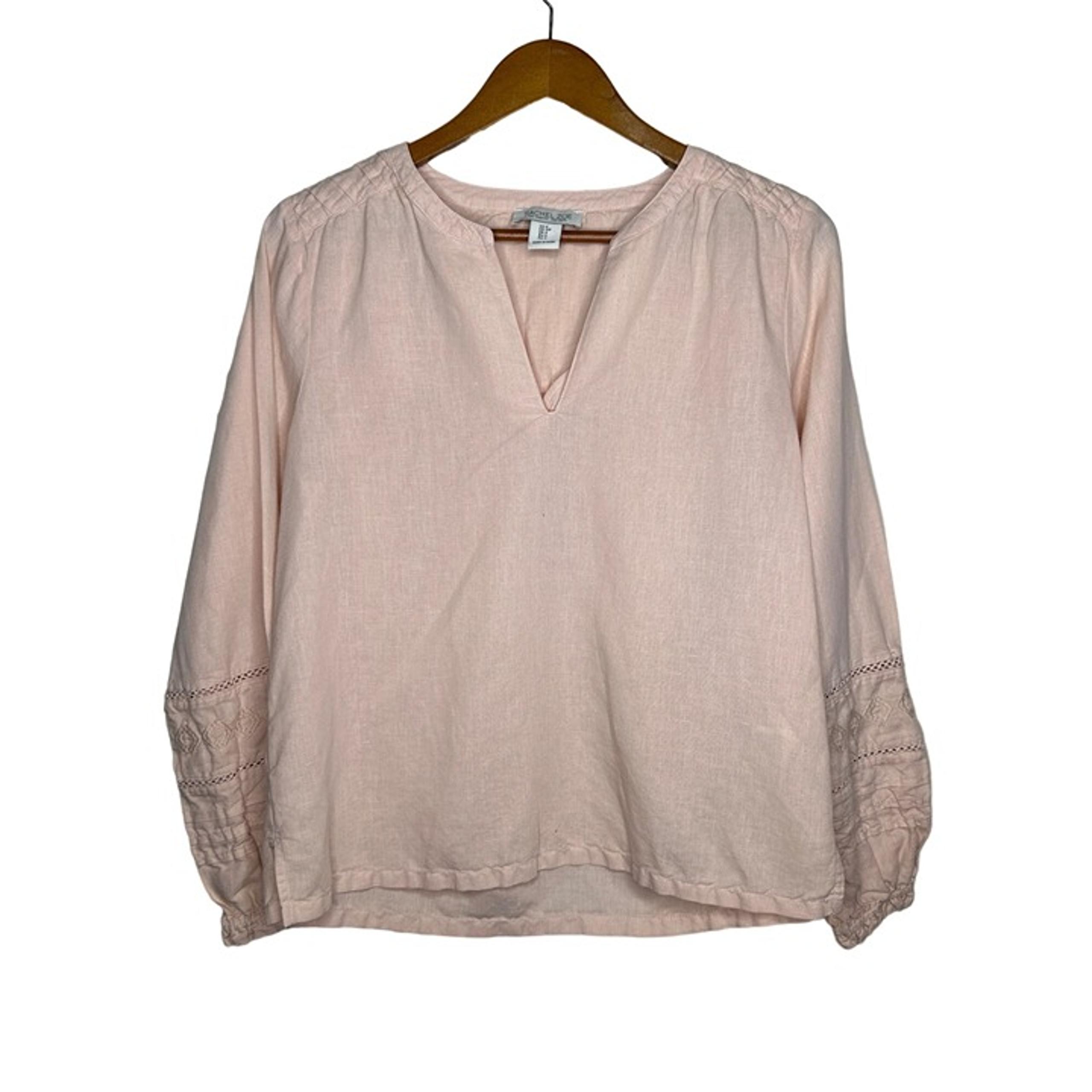 Rachel Zoe Shirt Size Small Boho Embroidered Eyelet Pintuck Top Linen Pink