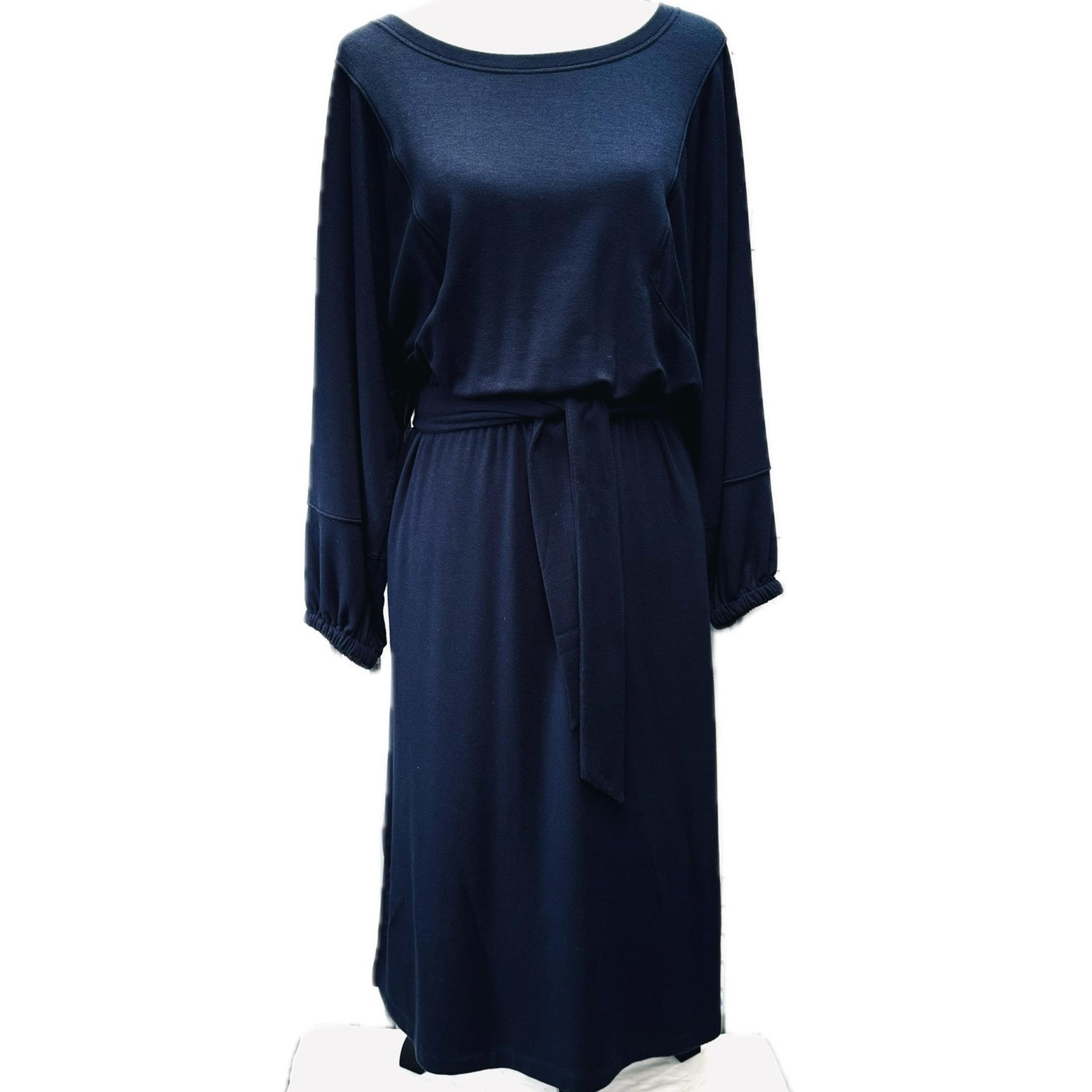 By Anthropologie Jersey Knit Jewel Neck Popover Midi Belted Dress Women M Blue