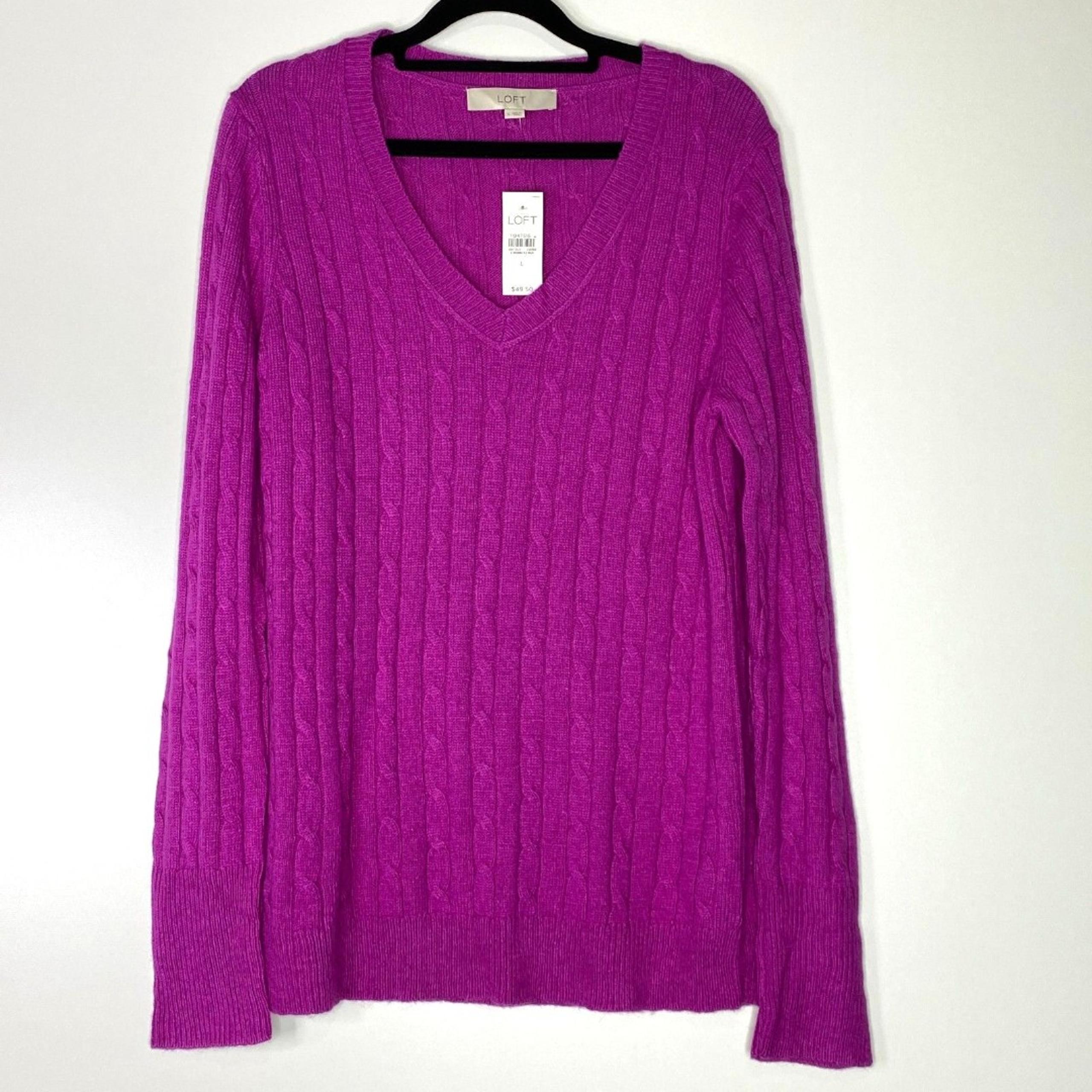 New LOFT V-Neck Cable Knit Wool Rabbit Hair Sweater Women's Size Large