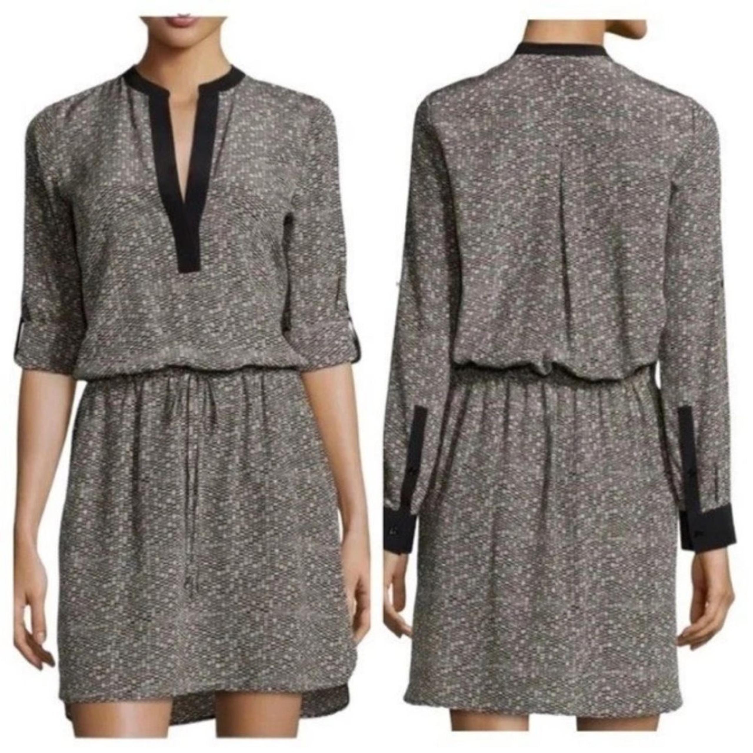 Vince Silk Shirt Dress Black Brown Geometric Pattern V-Neck Neutral Mini Medium