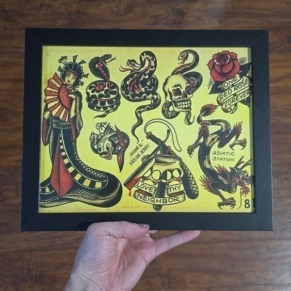 NWT, Framed American Traditional Tattoo Style Flash Art Print