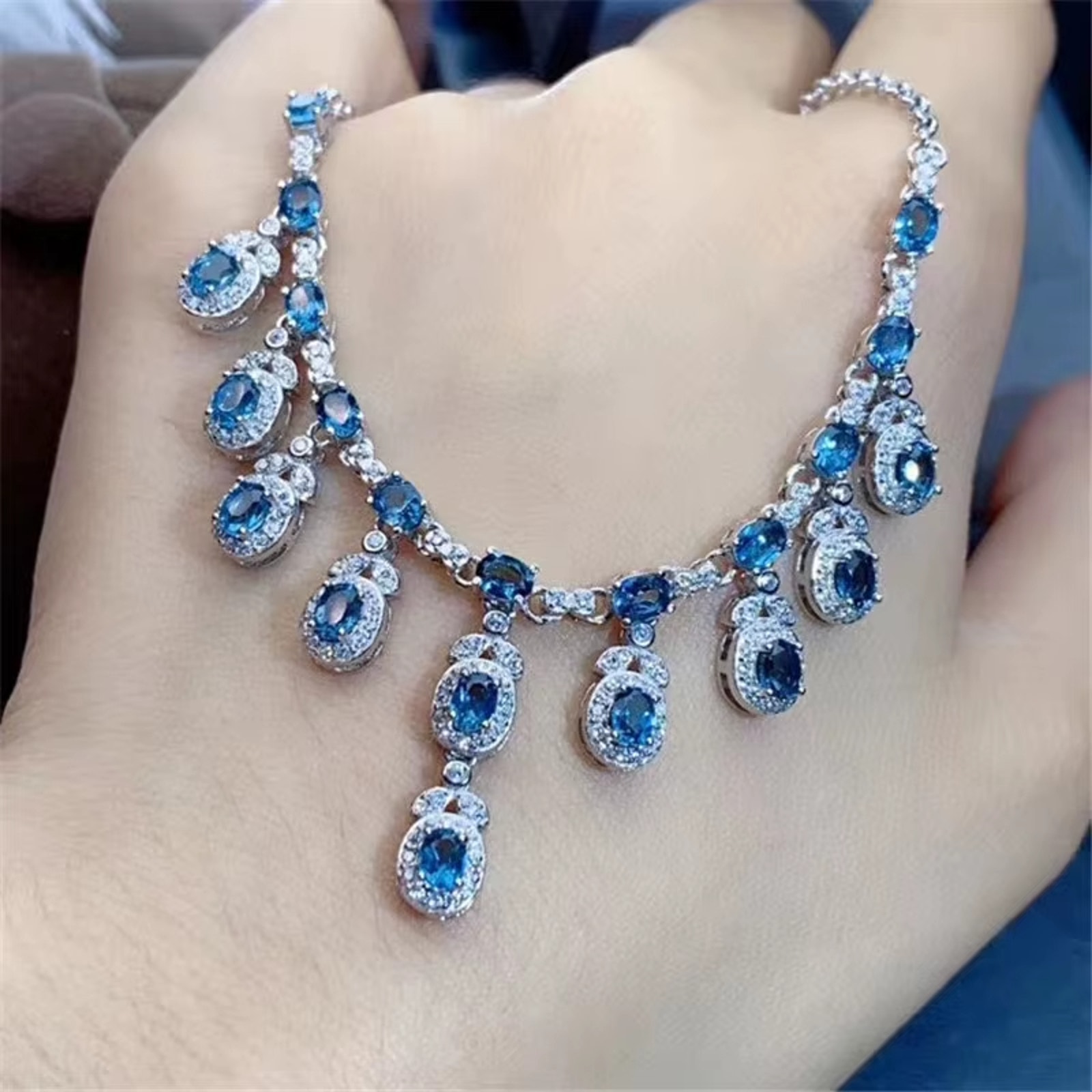 Natural London Blue Topaz Charm Necklace 925 Sterling Silver 3x4mm