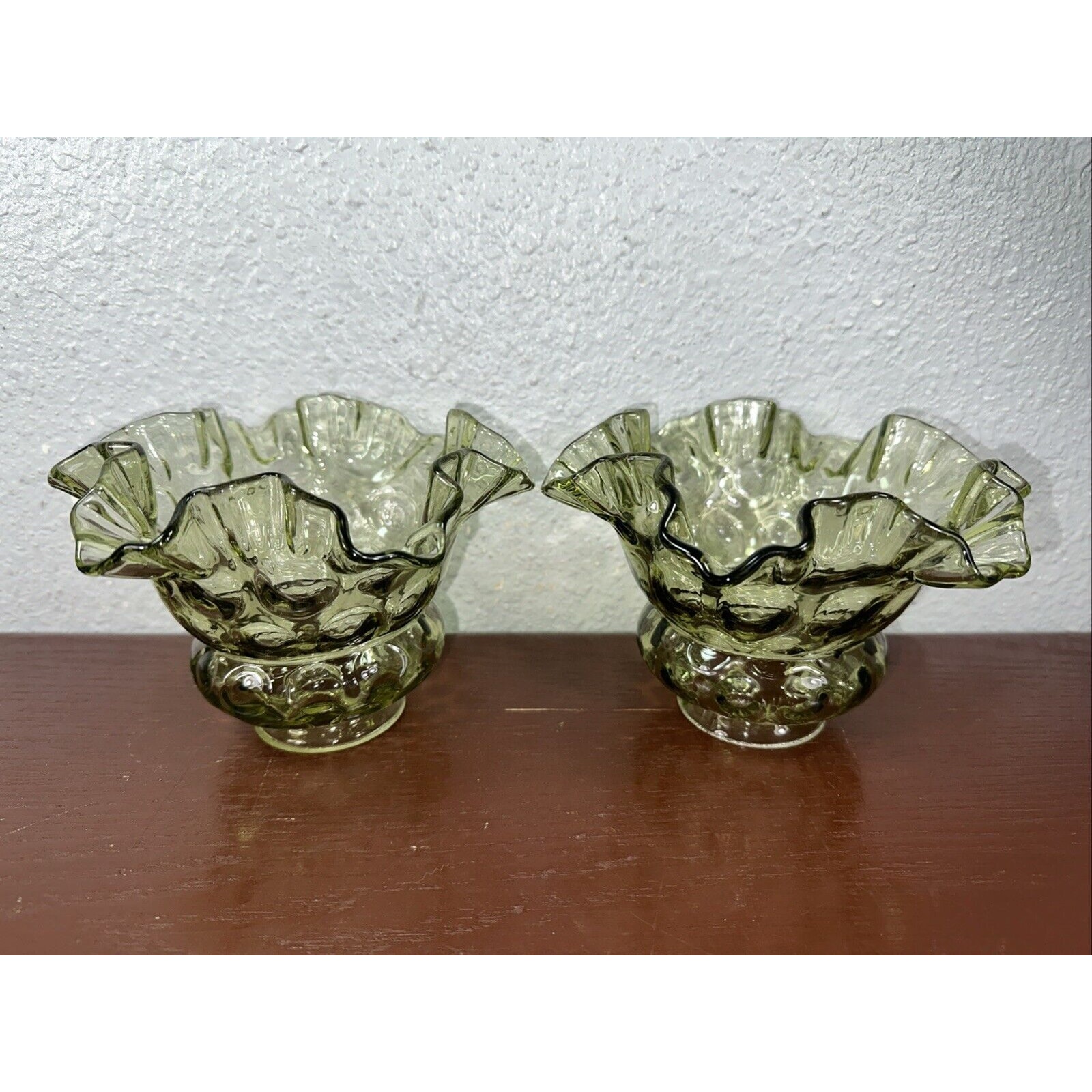 (2) Vintage Fenton Green Ruffled Bubbled 6” Glass Lamp Shade