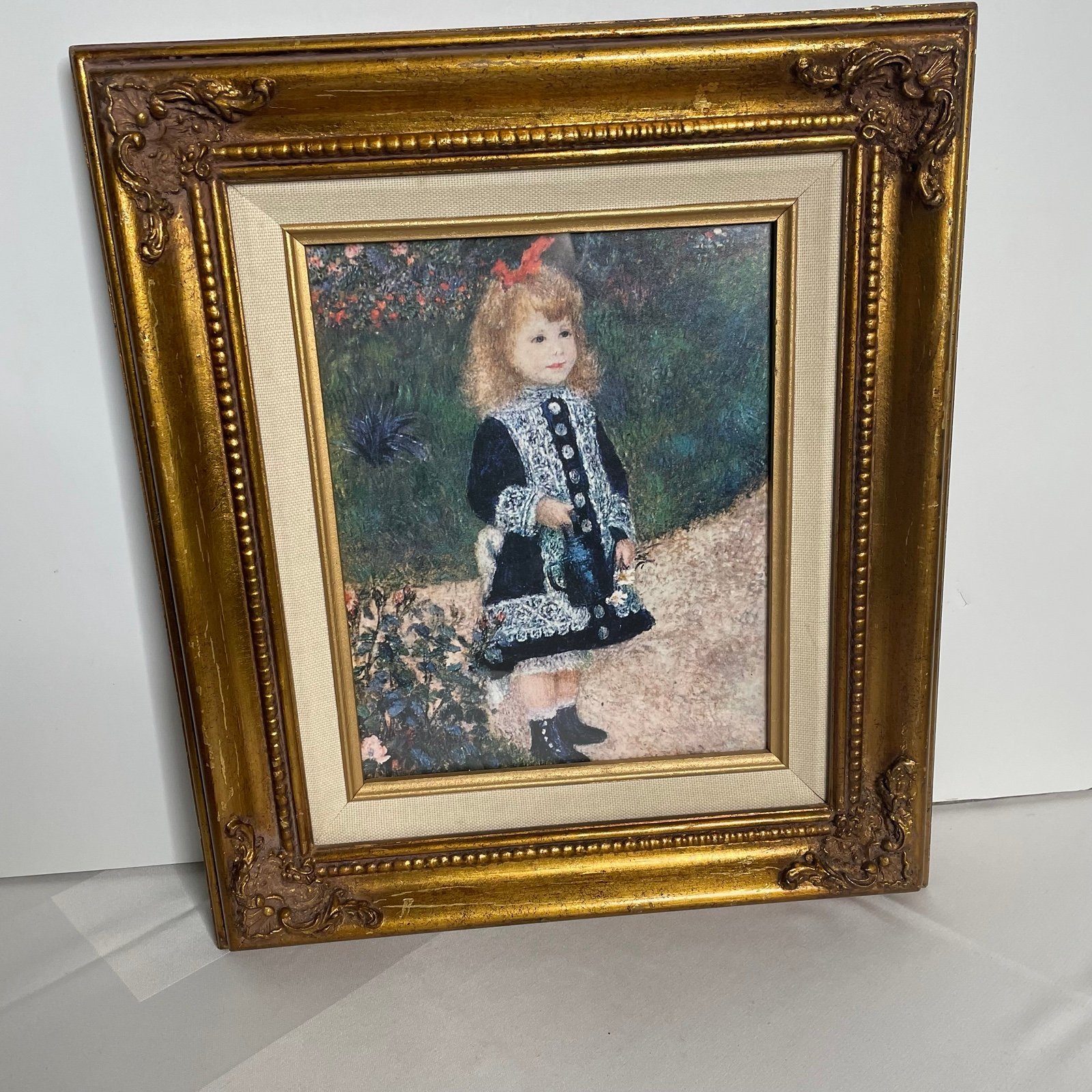 Vintage Girl with watering can Windsor Art Print & gold frame 13x16