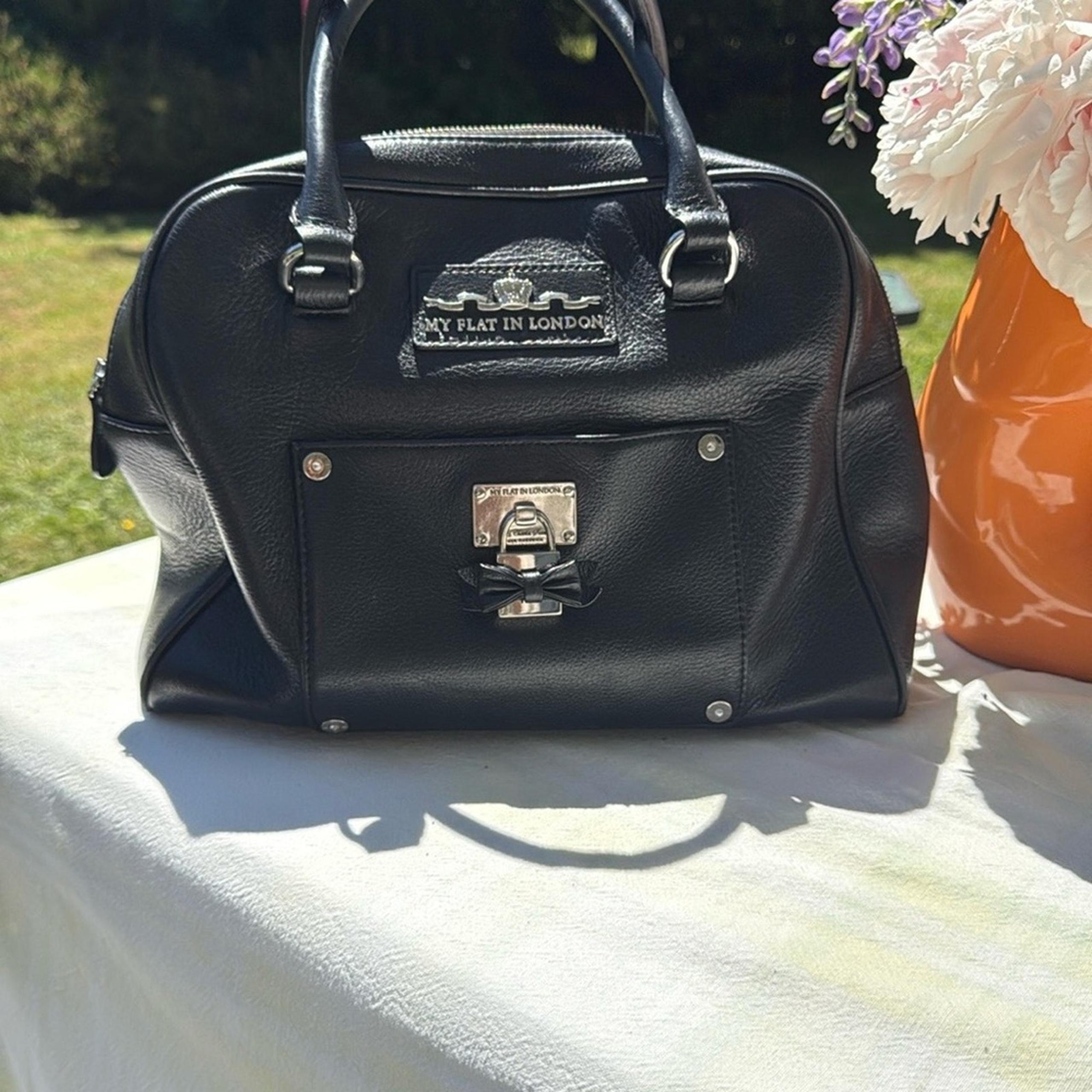 My Flat in London Black Satchel with Silver Hardware and Structured Design