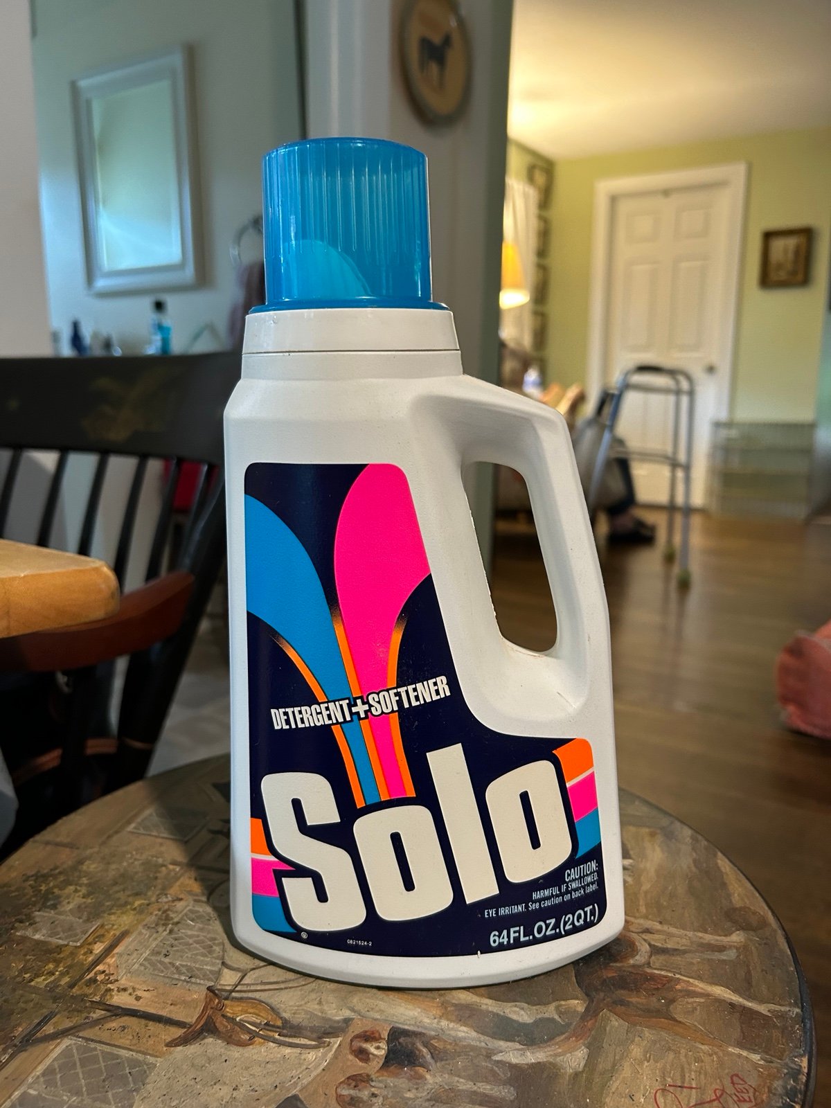 Vintage Solo detergent and softener 64 ounce bottle 3/4 full, 1987