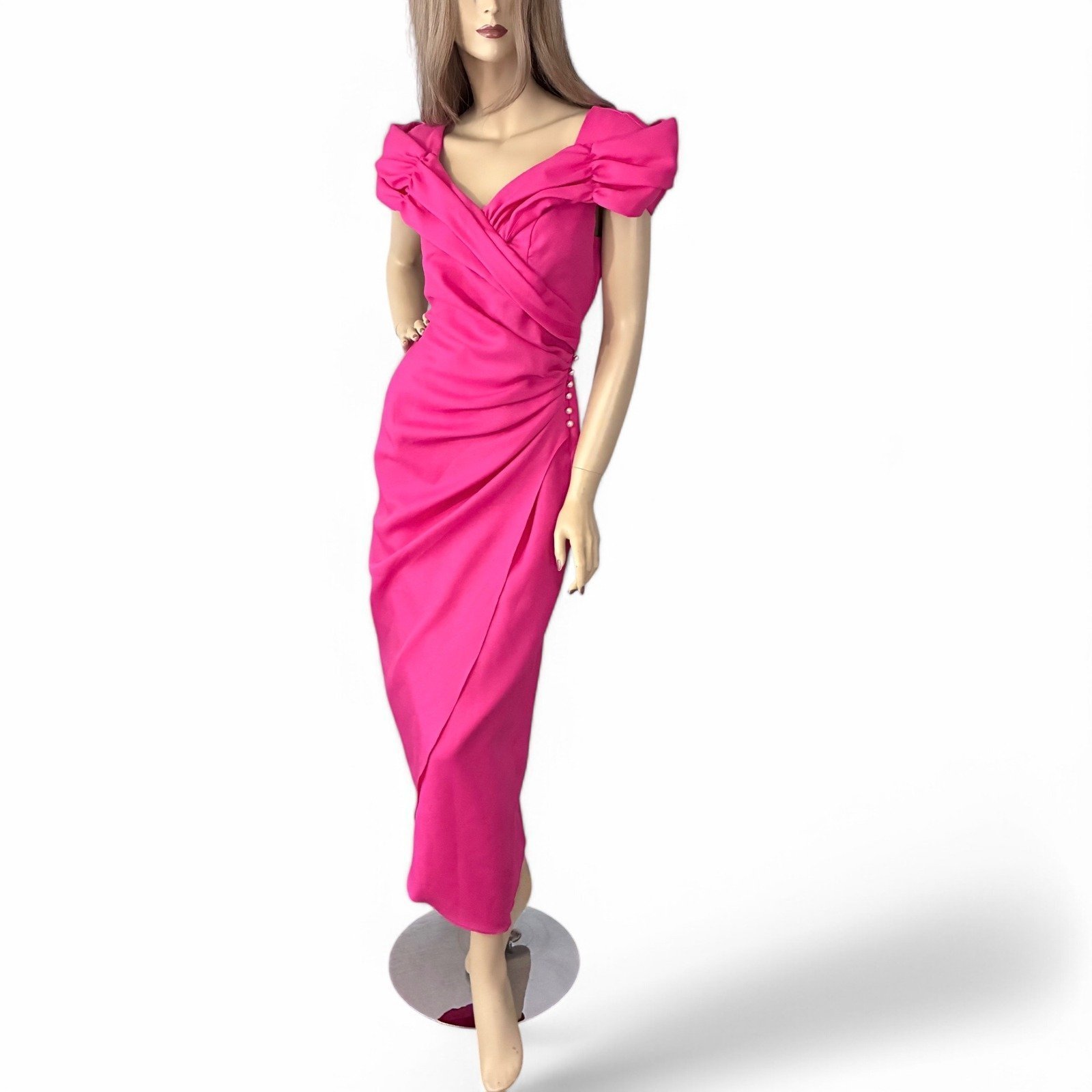 Vintage 80s Pink Wrap Dress with Structured Shoulders & Pearled Button Detail M