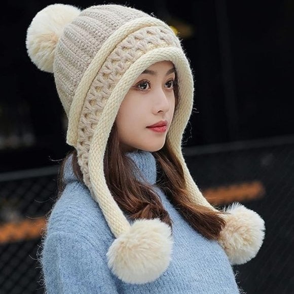 Beige Pompom Cable Knit Peruvian Beanie Hat Fluffy Slouchy Winter Trapper Hat
