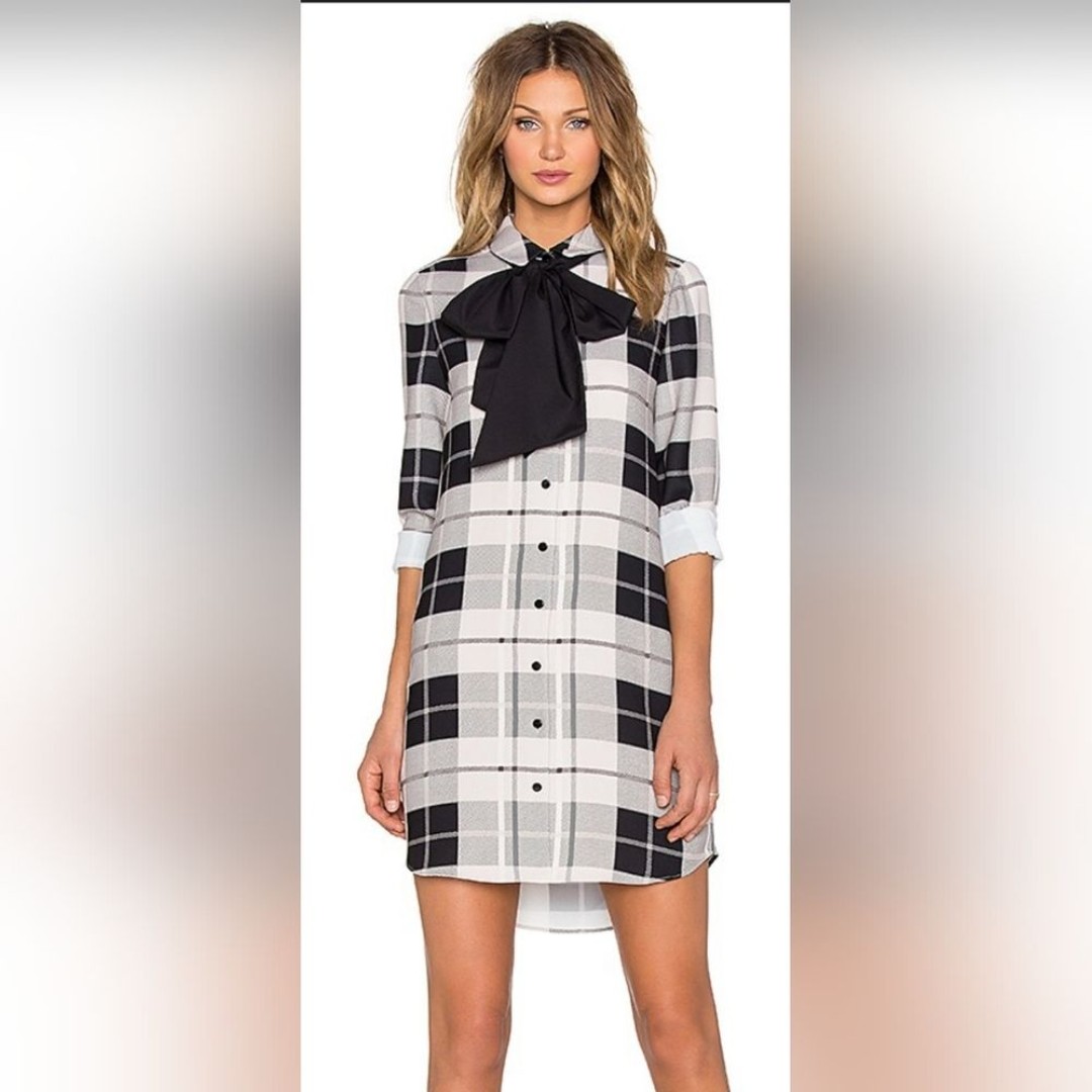 KATE SPADE Designer Woodland Plaid Black Scarf Griffin Dress with Tie Ribbon 0