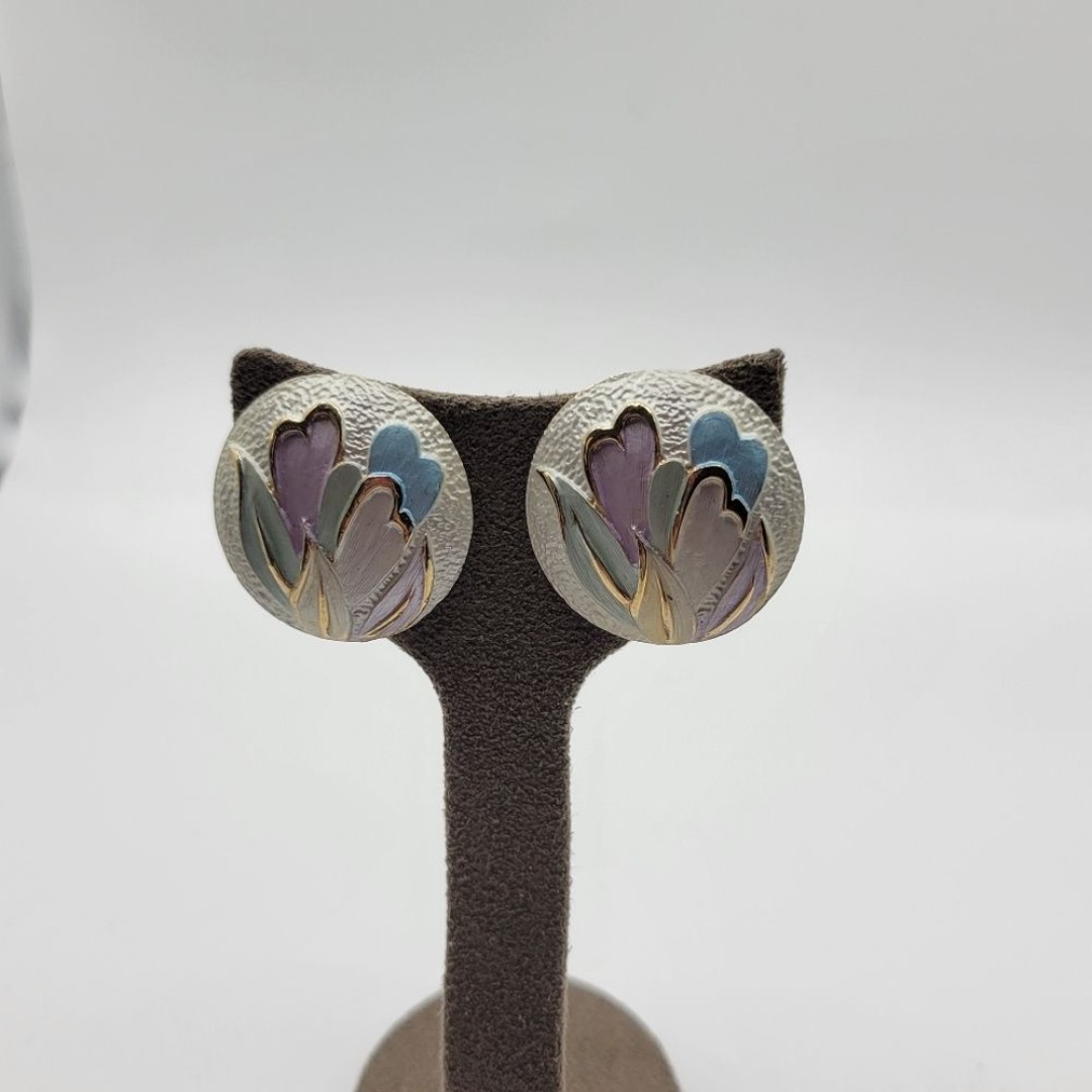 Vintage Gold tone Circle Enamel Tulip Clip on Earrings