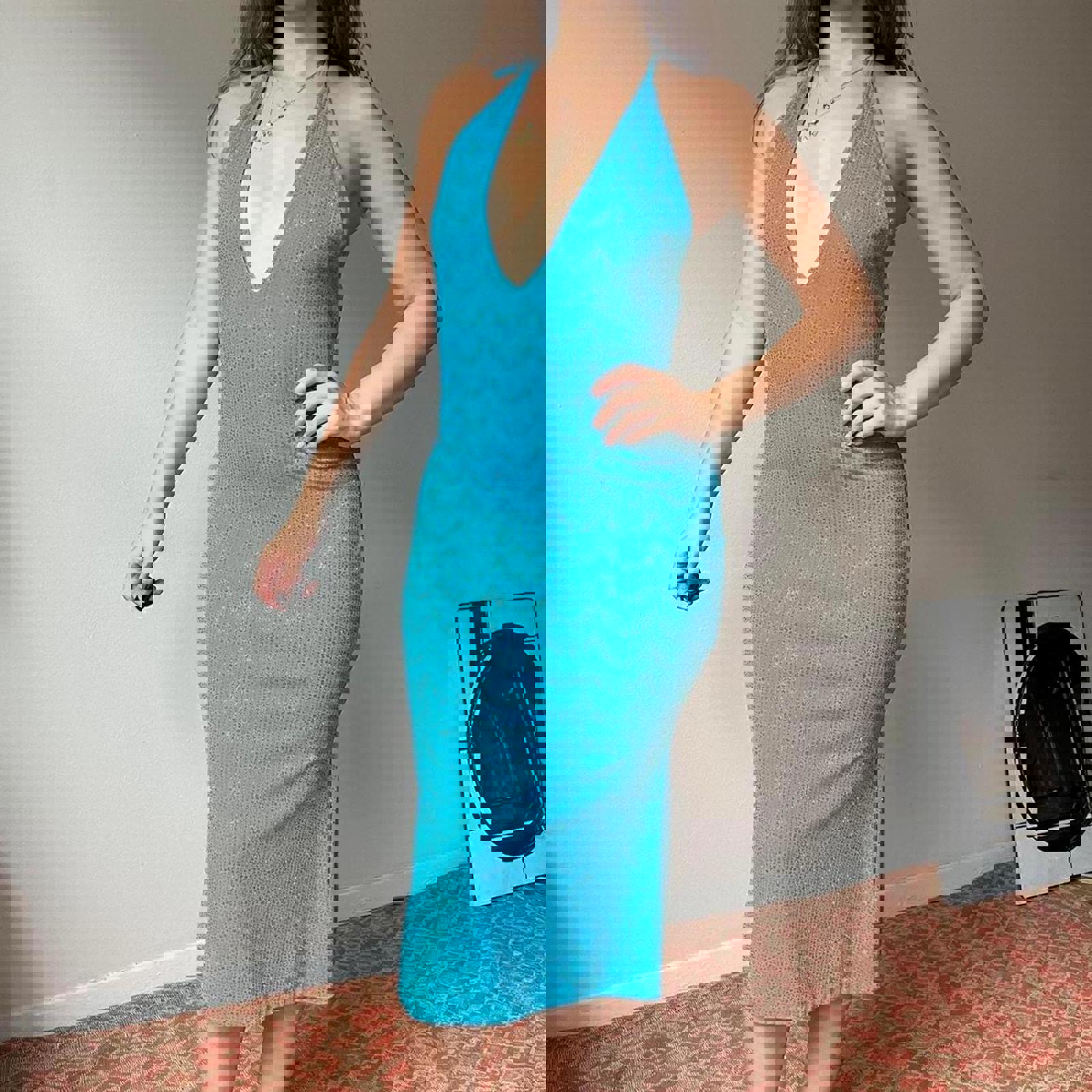 Vintage 90s sparkly blue mesh halter dress