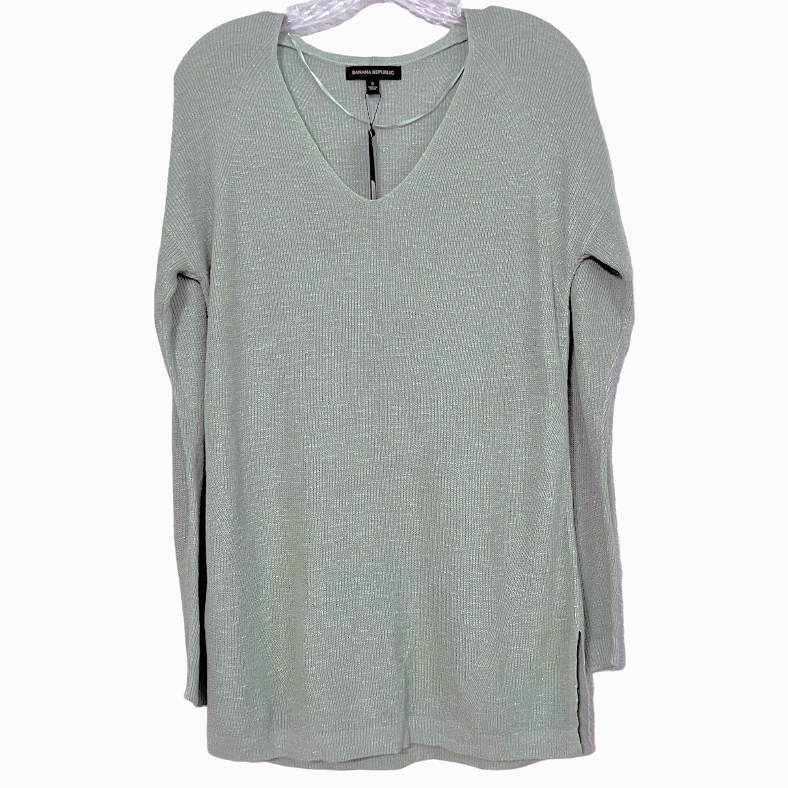 NEW Banana Republic Linen Blend Ribbed Knit V-Neck Tunic Sweater SZ S Sage