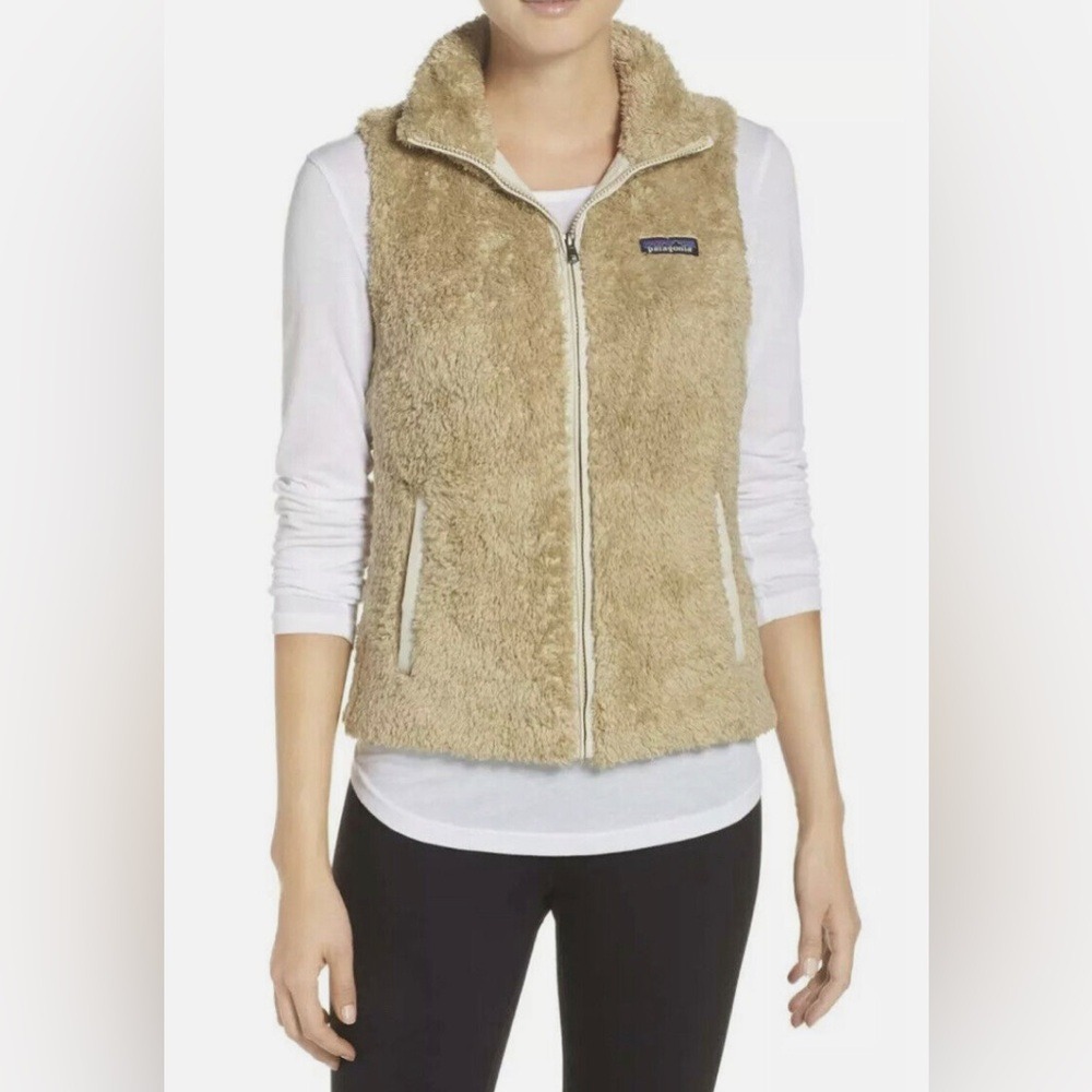 Patagonia Women's Los Gatos Fleece Zip Up Vest Tan with White Trim Size Large