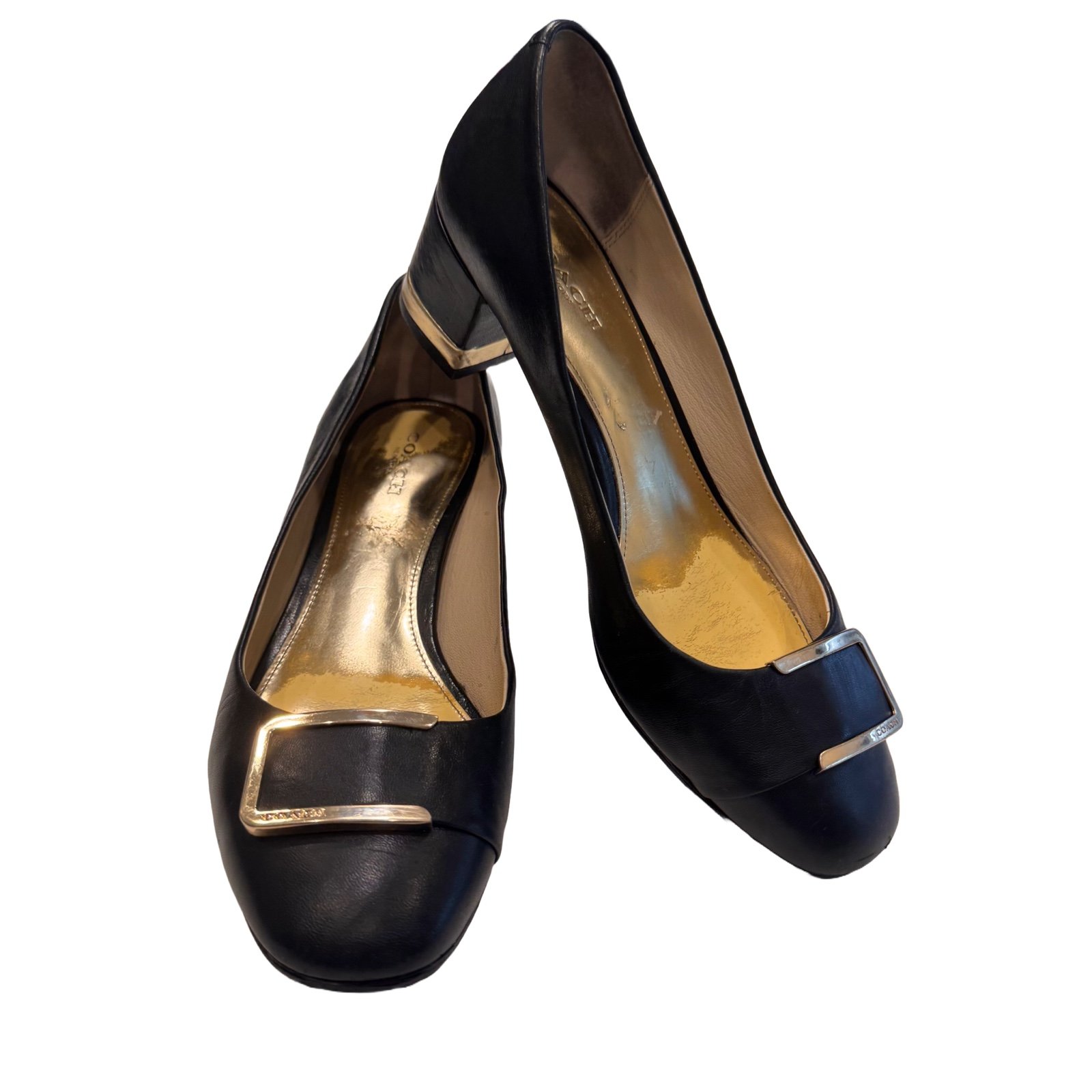 Coach Women’s Black Leather Slip On Low Heel Pumps W/ Gold Accents Sz 7