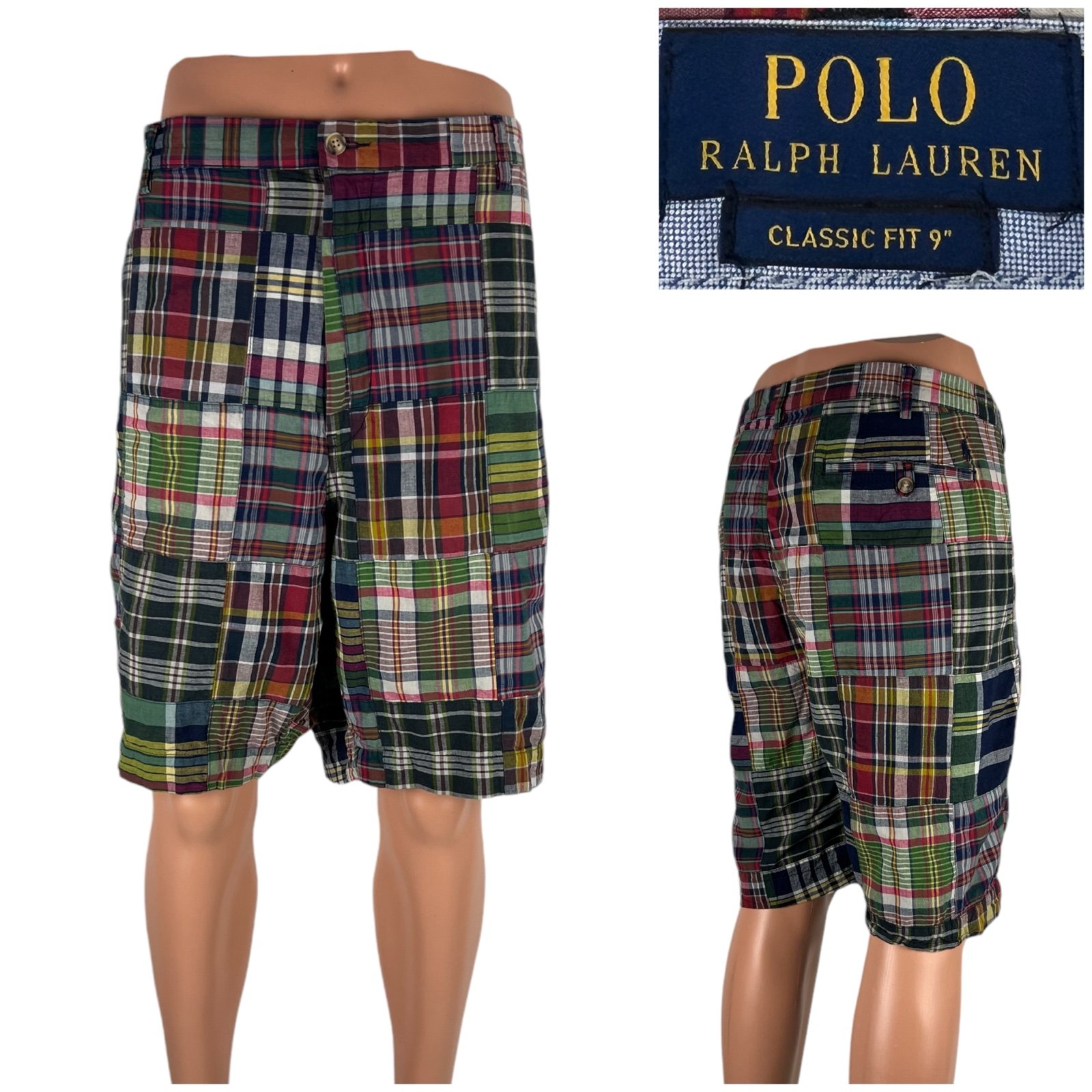 Polo Ralph Lauren Mens 46 Shorts 9” Inseam Classic Patchwork Madras Bermuda EUC