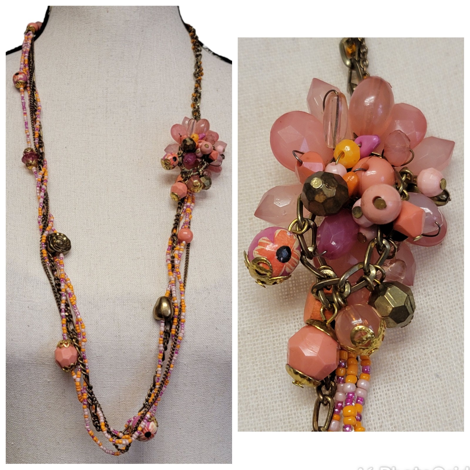Pink Orange Beaded Multi Strand Necklace 32 Brass Tone Floral Funky Eclectic