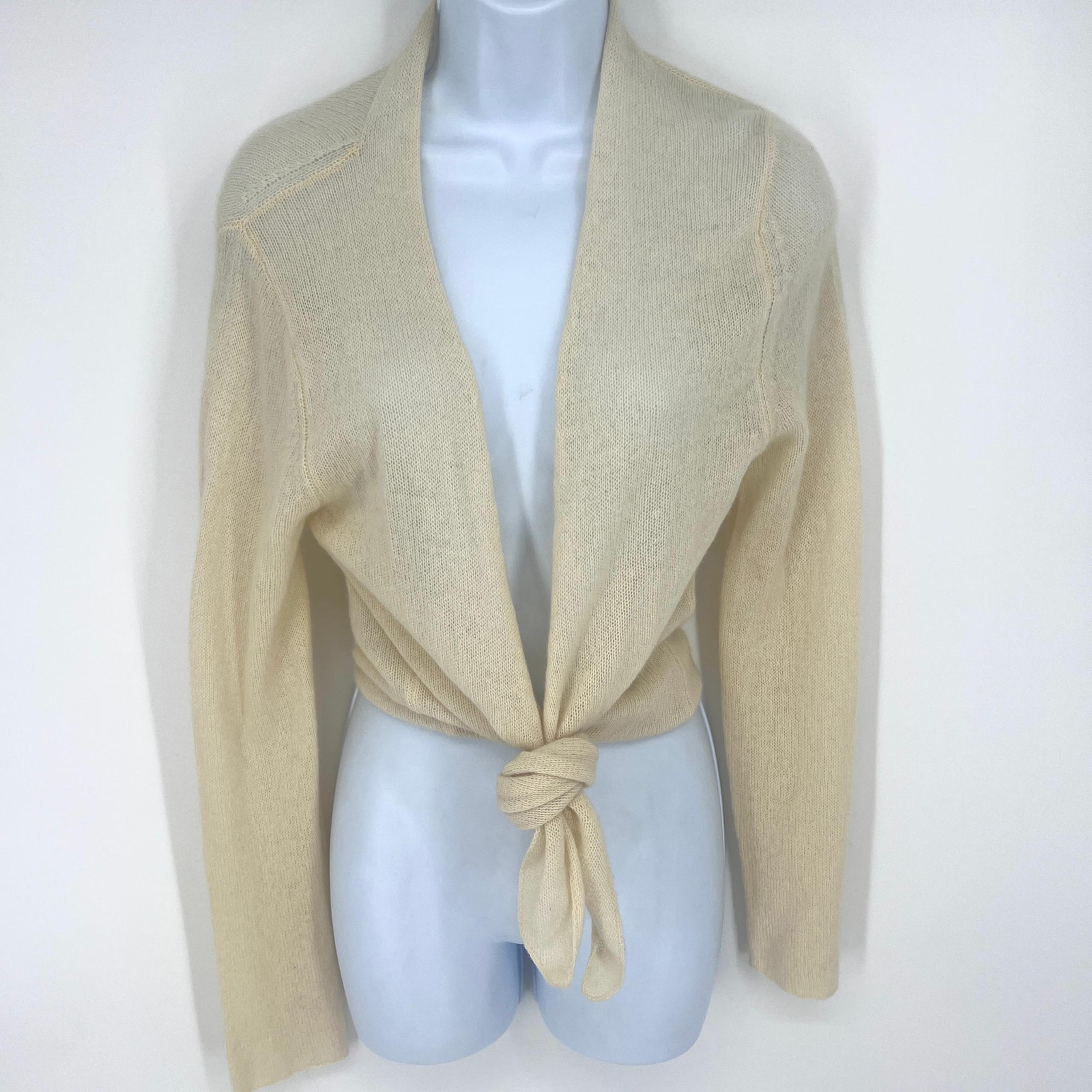 Vintage Garnet Hill Ecru Cashmere Open Front Knot Cardigan Sweater Size M