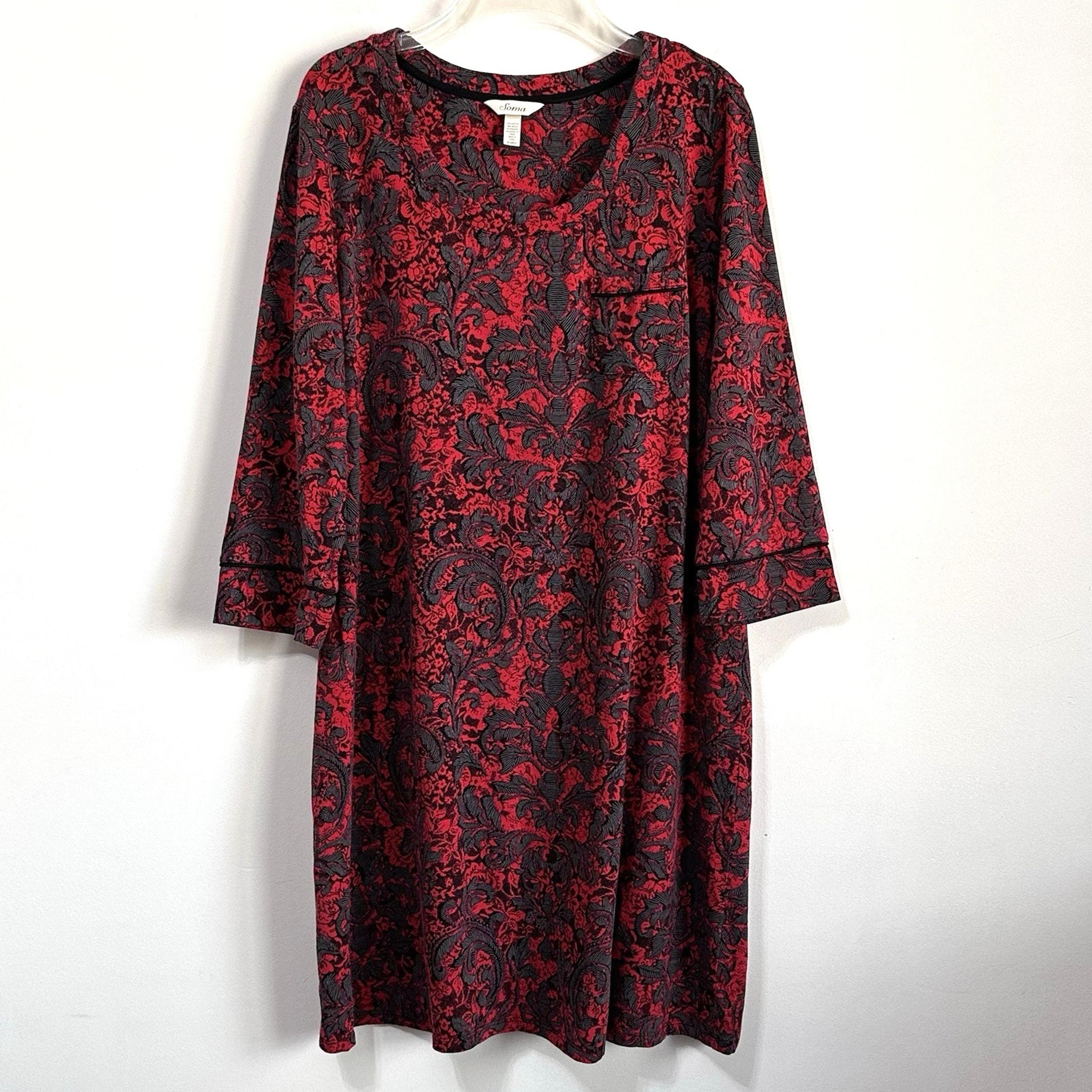 Soma Sleep Shirt Dress Gown XL Pajama Lounge Filigree Leaf Print Pocket Stretch