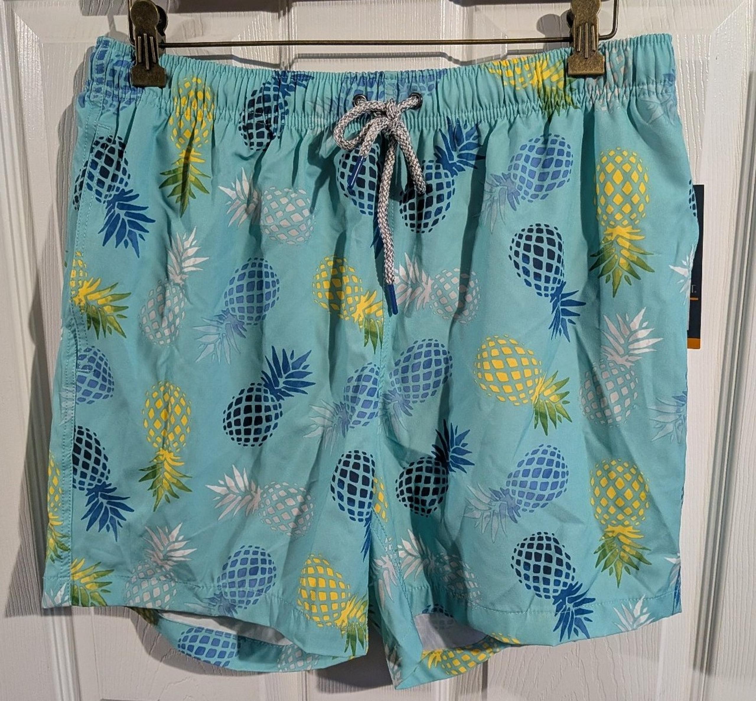 Men's Small Rainforest Swim Trunks with Pineapple Design.