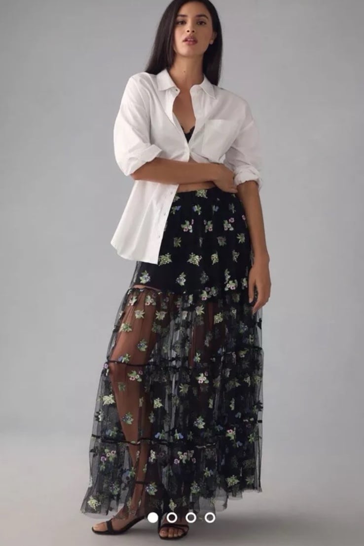 Anthropologie Maeve Sheer Embroidered Maxi Skirt Floral Mesh Lined Black
