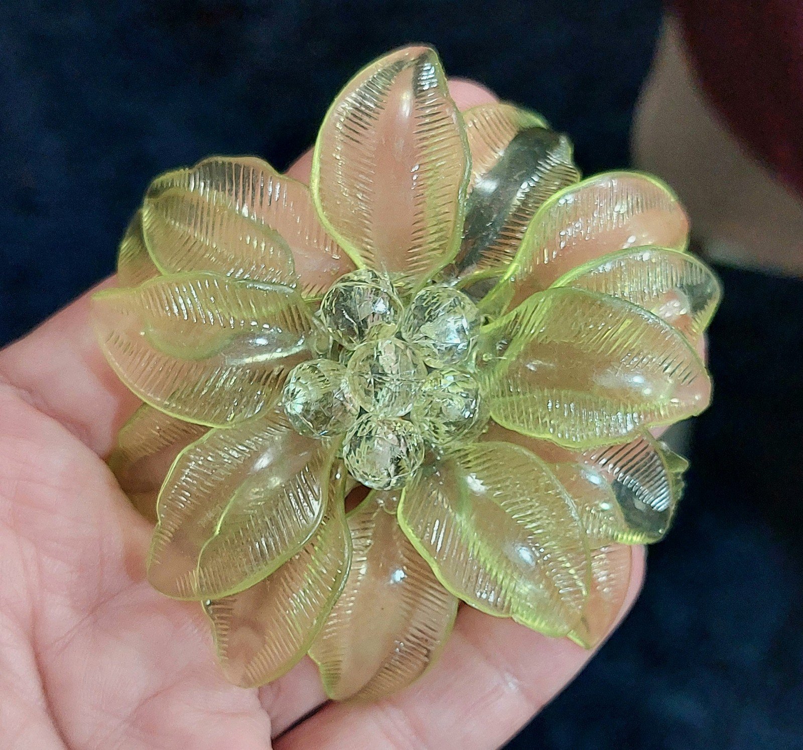 Vintage green transparent carved flower brooch pin.