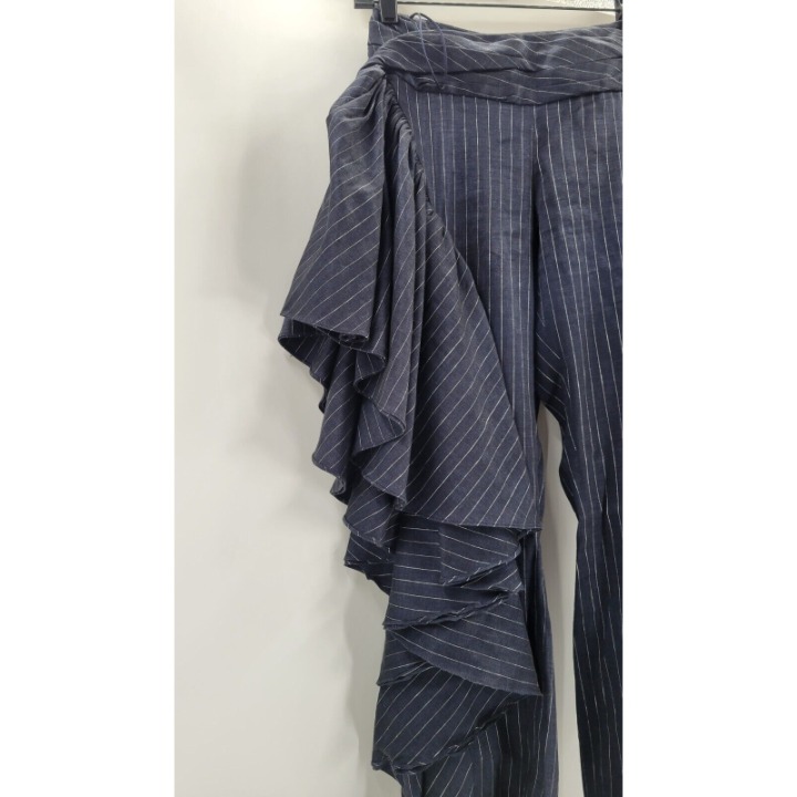 Rosie Assoulin Womens Navy Blue Pinstripe Ruffled Fiesta Cotton Linen Pants 6