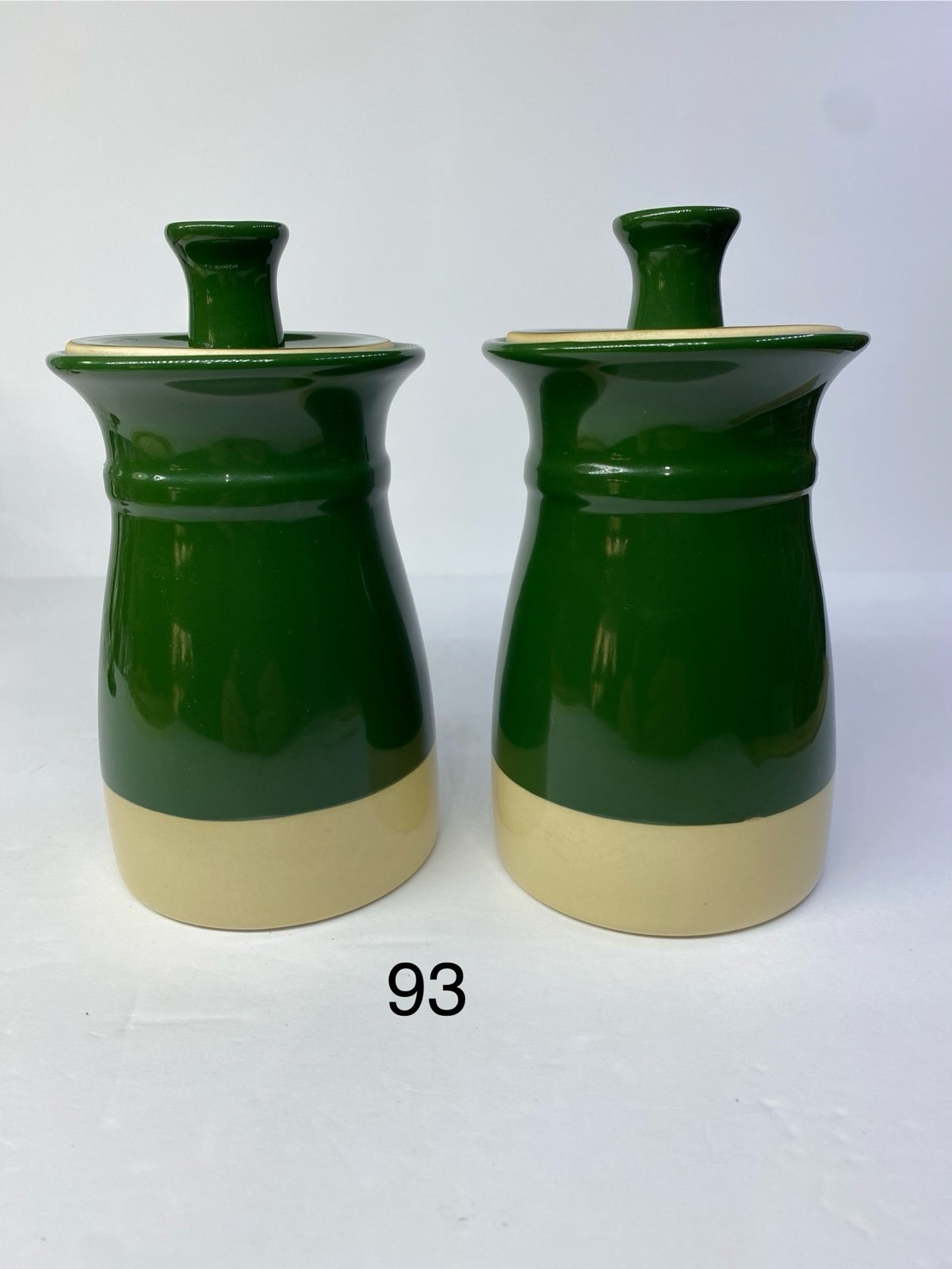 Set of (2) Rare Vintage Emerald Green stick Jars. Great condition.