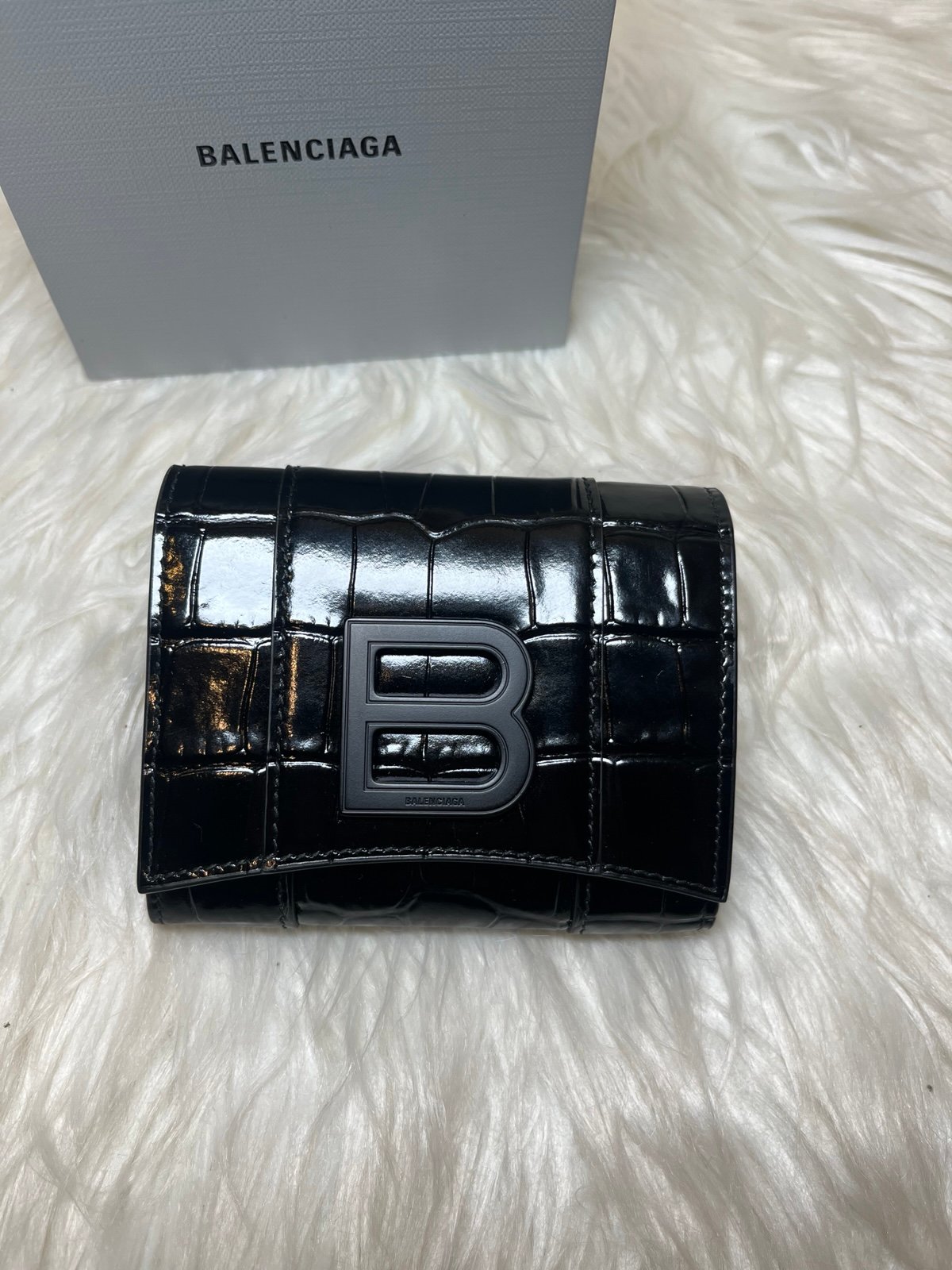 Balenciaga hourglass croc embossed calfskin trifold wallet