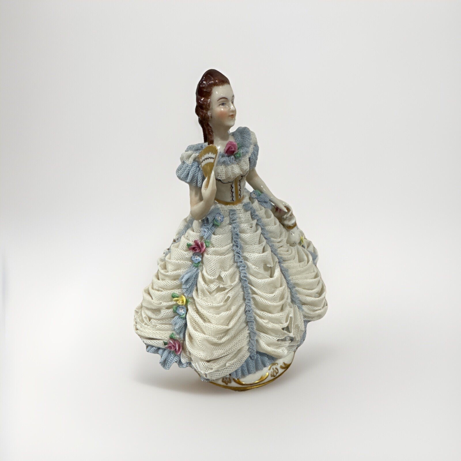 VTG MZ Germany Dresden Lace Lady Figurine Elegant White Blue Dress Fan 7