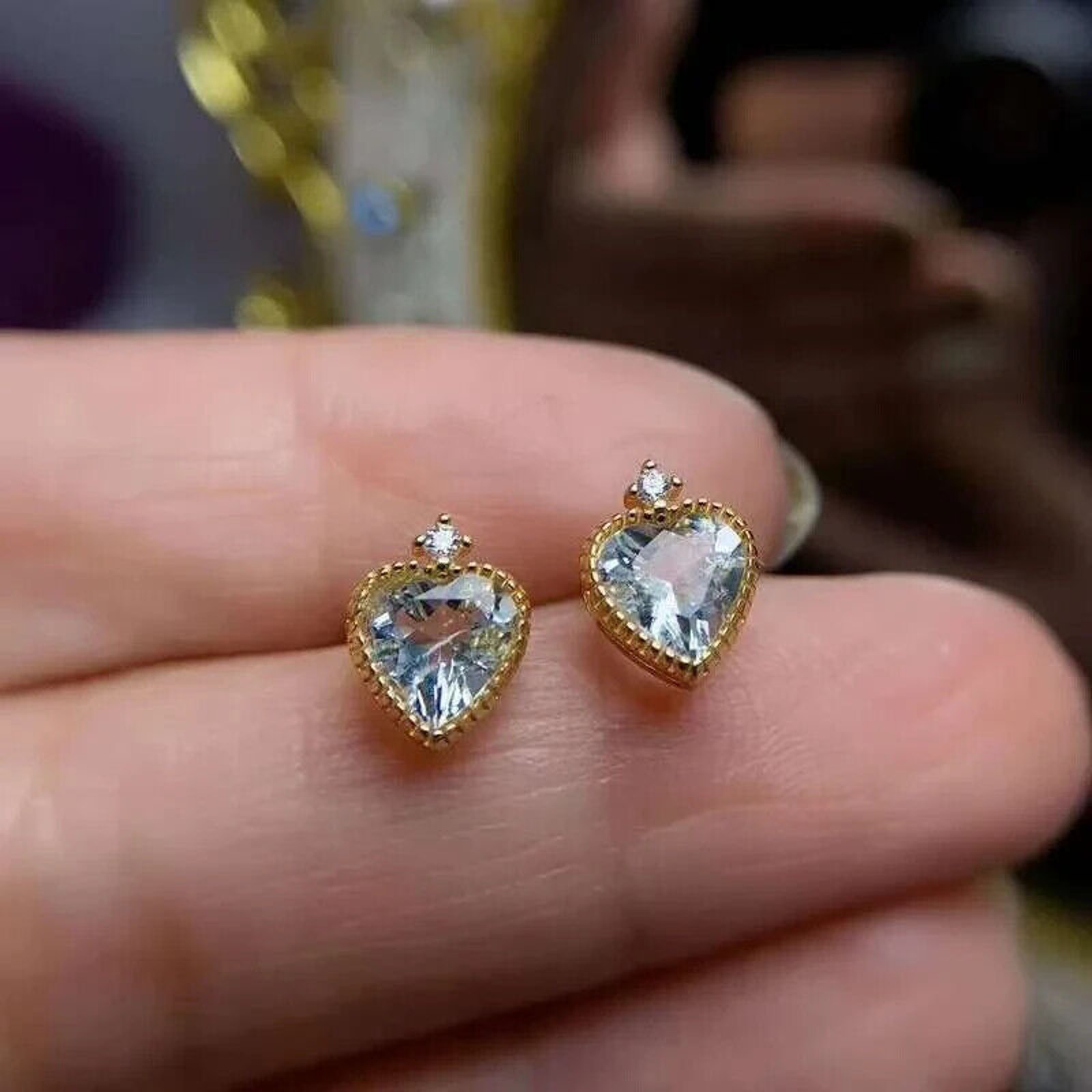 Natural Aquamarine Heart Shaped Stud Earrings, Aquamarine Stud Earrings Silver
