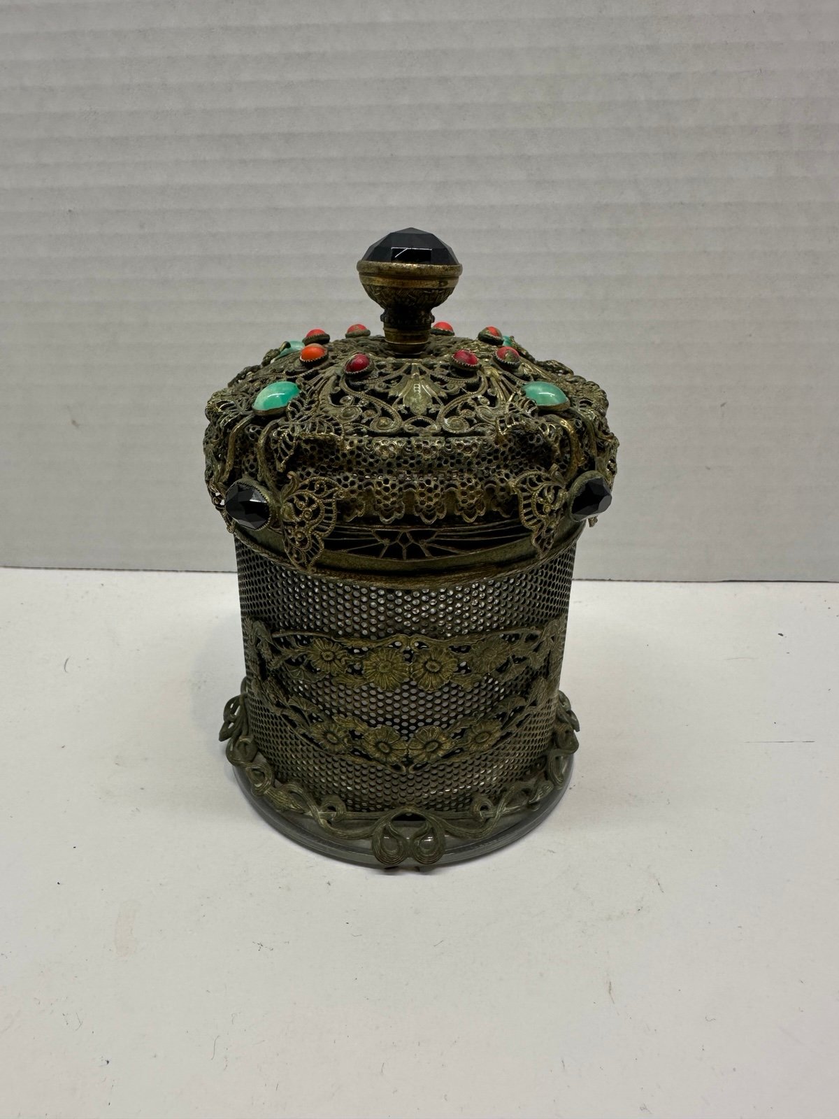 Antique Brass Filigree Glass Jewelry Box / Lipstick Holder