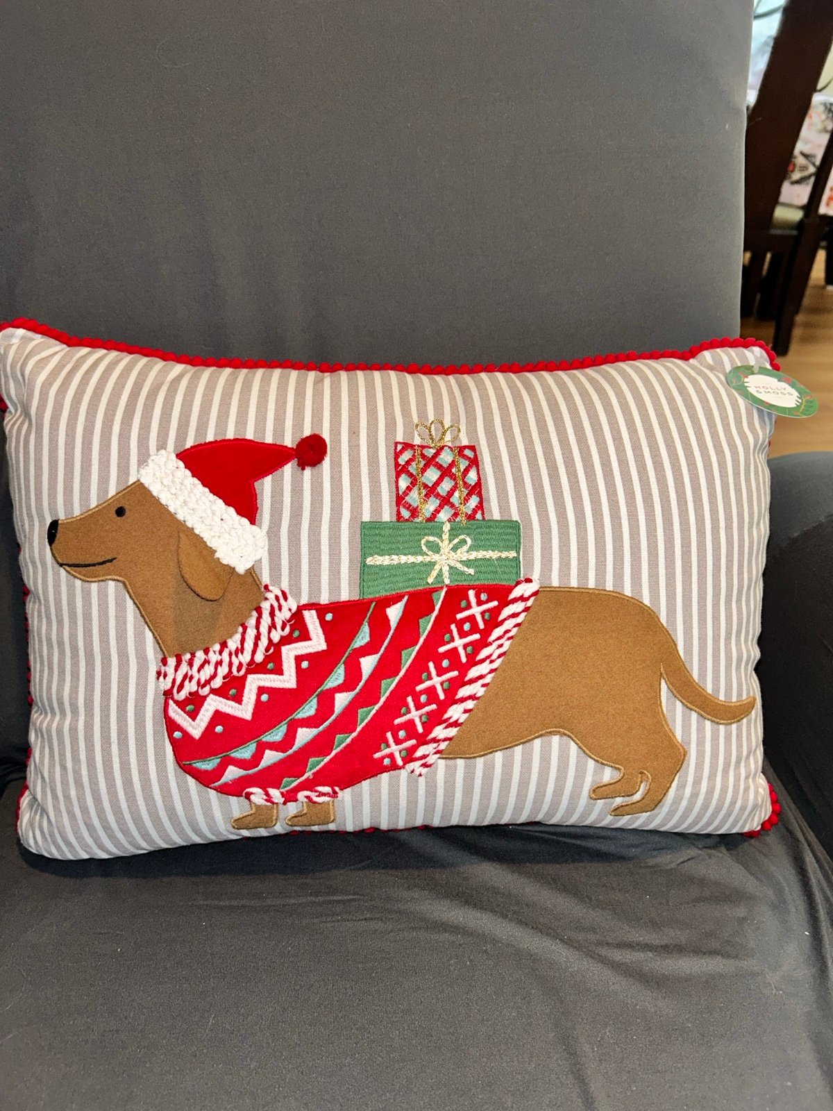 New Festive Striped Dachshund Christmas Pillow