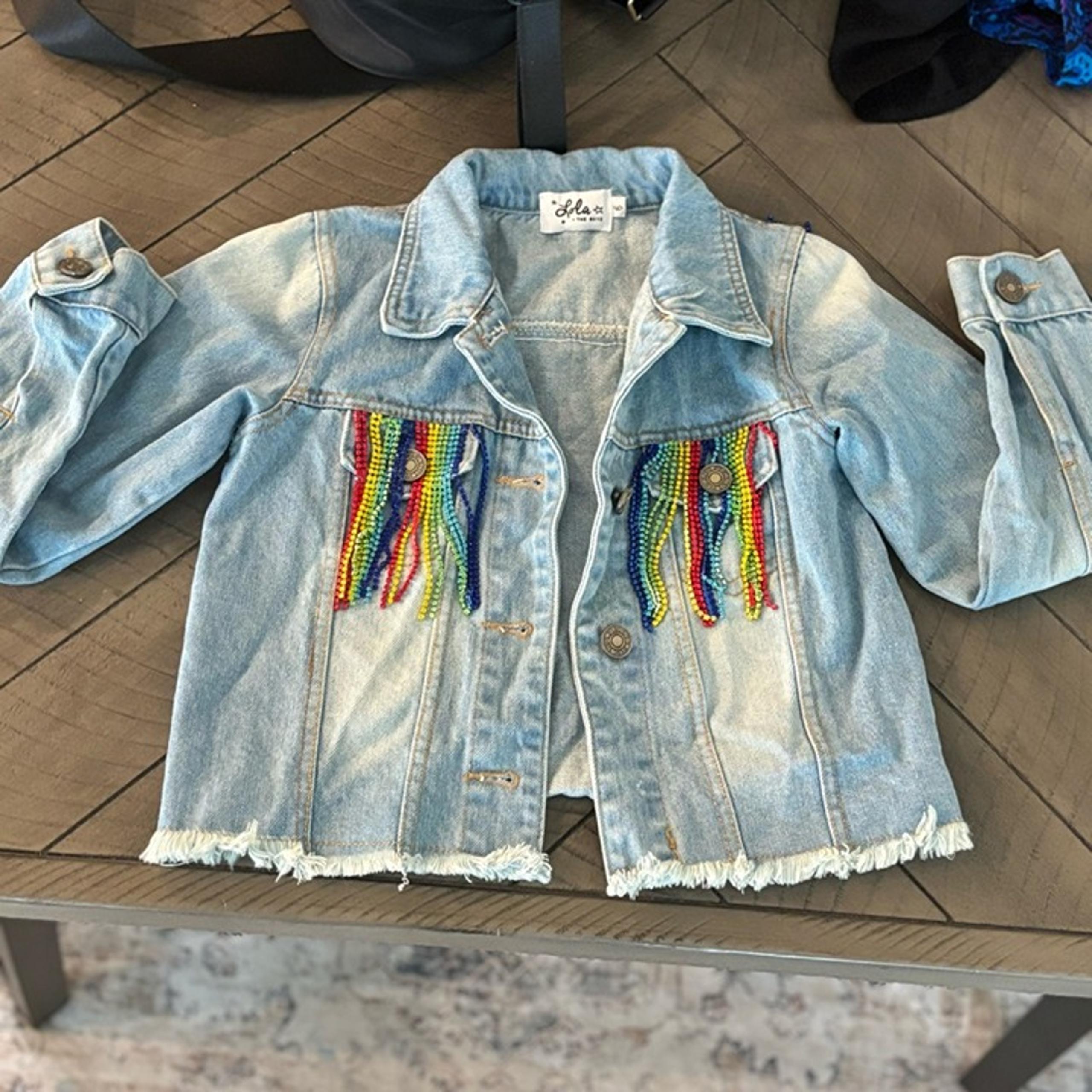 Lola + The Boys Blue Jean Jacket with Sequin Rainbow Fringe