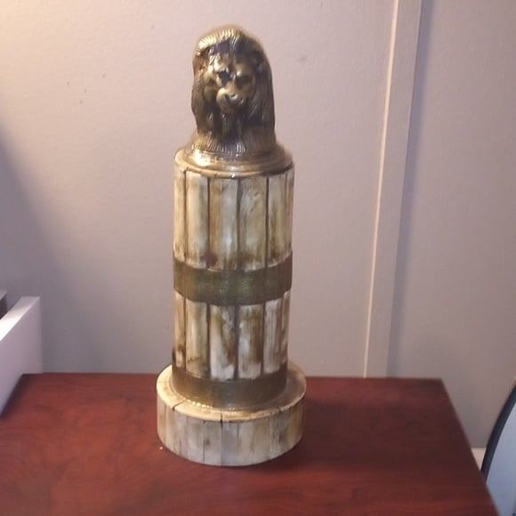 Vintage Unique Brass Lion Head On Top Of A Glass Ceramic Tile Column Statue