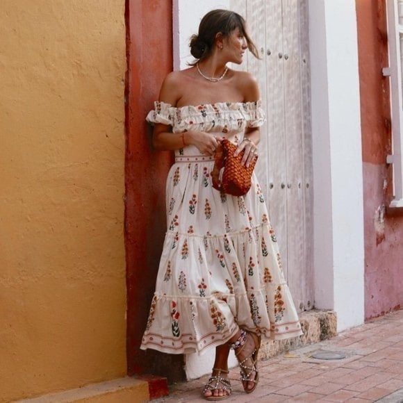 Agua Bendita Dahlia Banana Off The Shoulder Dress small
