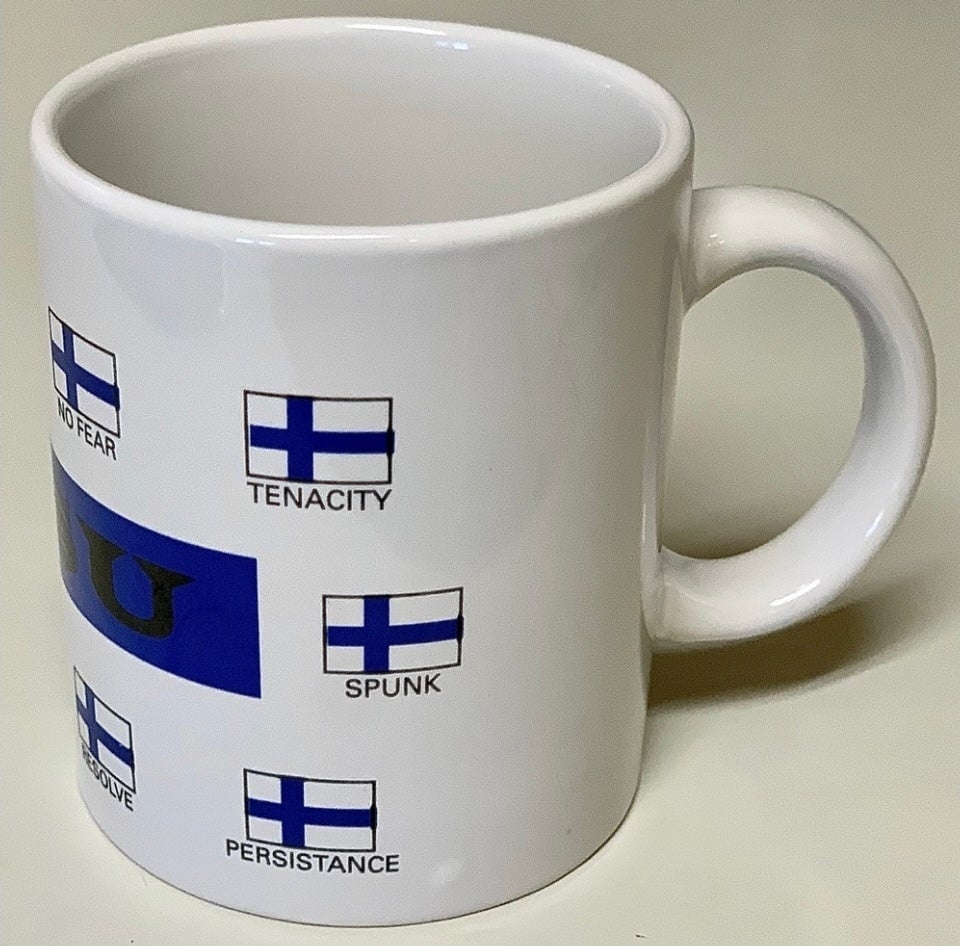 Vintage 1980s Finnish Flag Pride SISU Yooper Humor Virtues Ceramic Coffee Mug