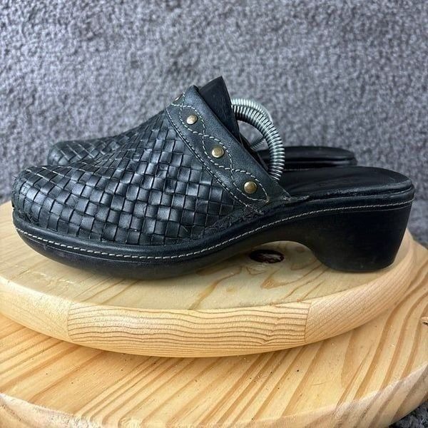 Ecco Woven Clogs Womens 7.5 Black Leather Slip On Comfort Block Heel Shoes