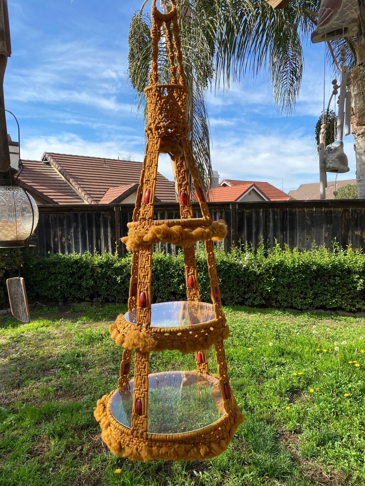 MCM 1970’s Large Boho Macrame Platform Plant Hanger, Hanging Shelf