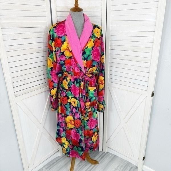 Victoria’s Secret Vintage Floral Satin Terrycloth Lined Robe Blue Pink One Size