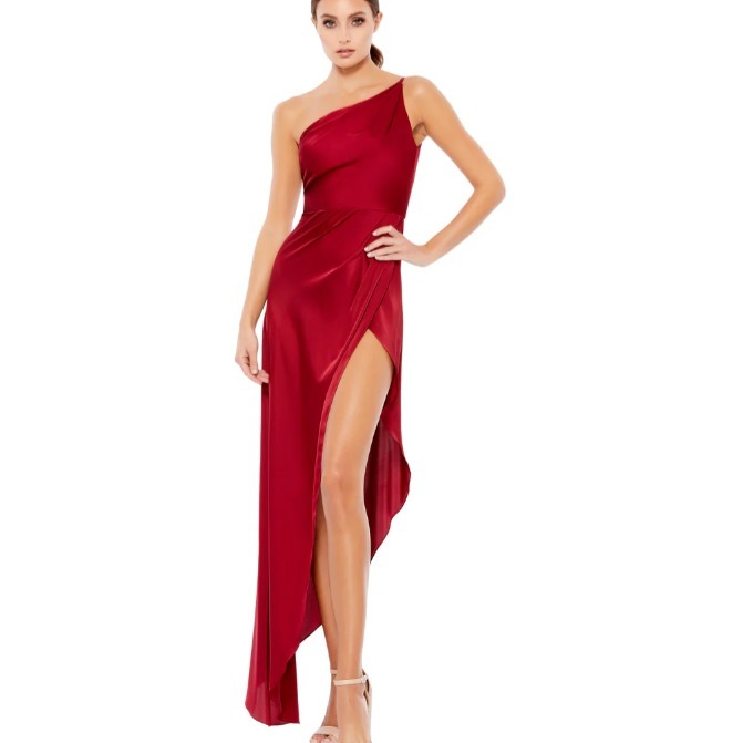 Mac Duggal Red One Shoulder Hi-Low draped Charmeuse Dress, 70177, Size 8, 125