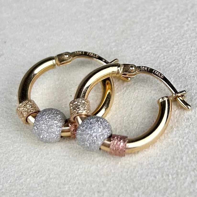 18K 18 Karat Solid White Yellow Rose Gold Beaded Hoop Earrings
