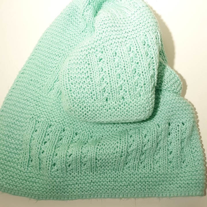 Hand Knit Baby Afghan Lap Blanket Aqua Textured Nursery Crib