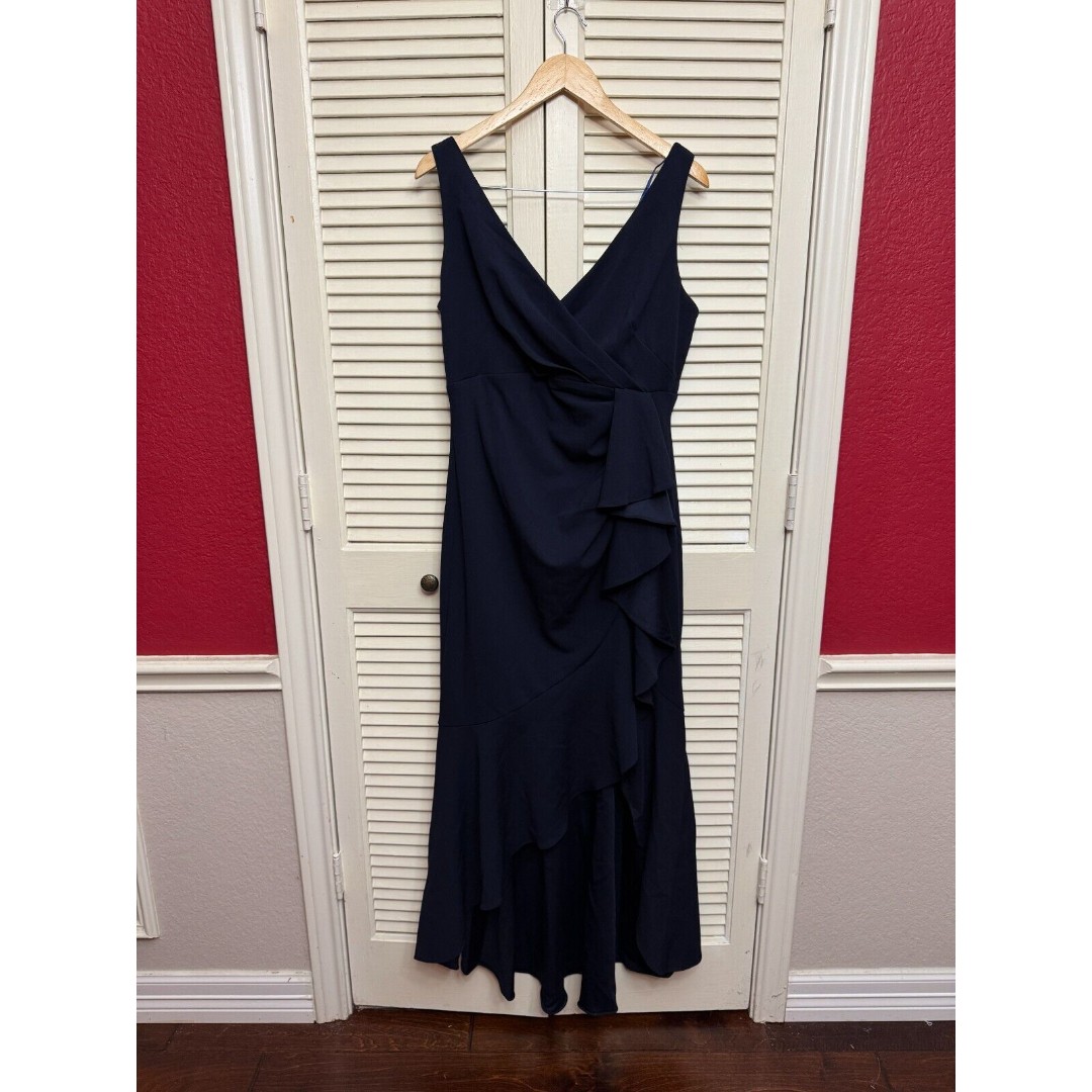 Betsy & Adam Ruffled High-Low Mermaid Gown Navy New Size 14P
