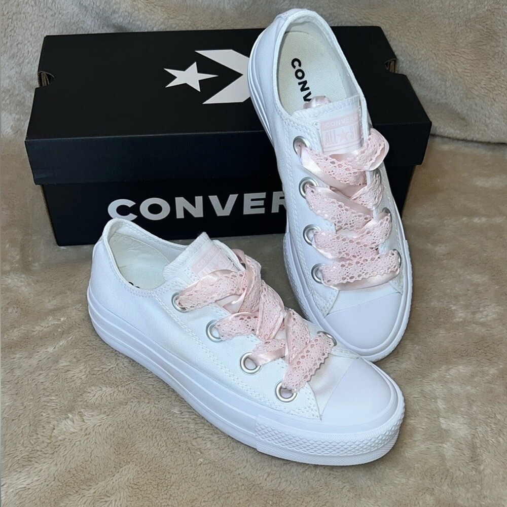 Converse White Sneakers with Pink Laces