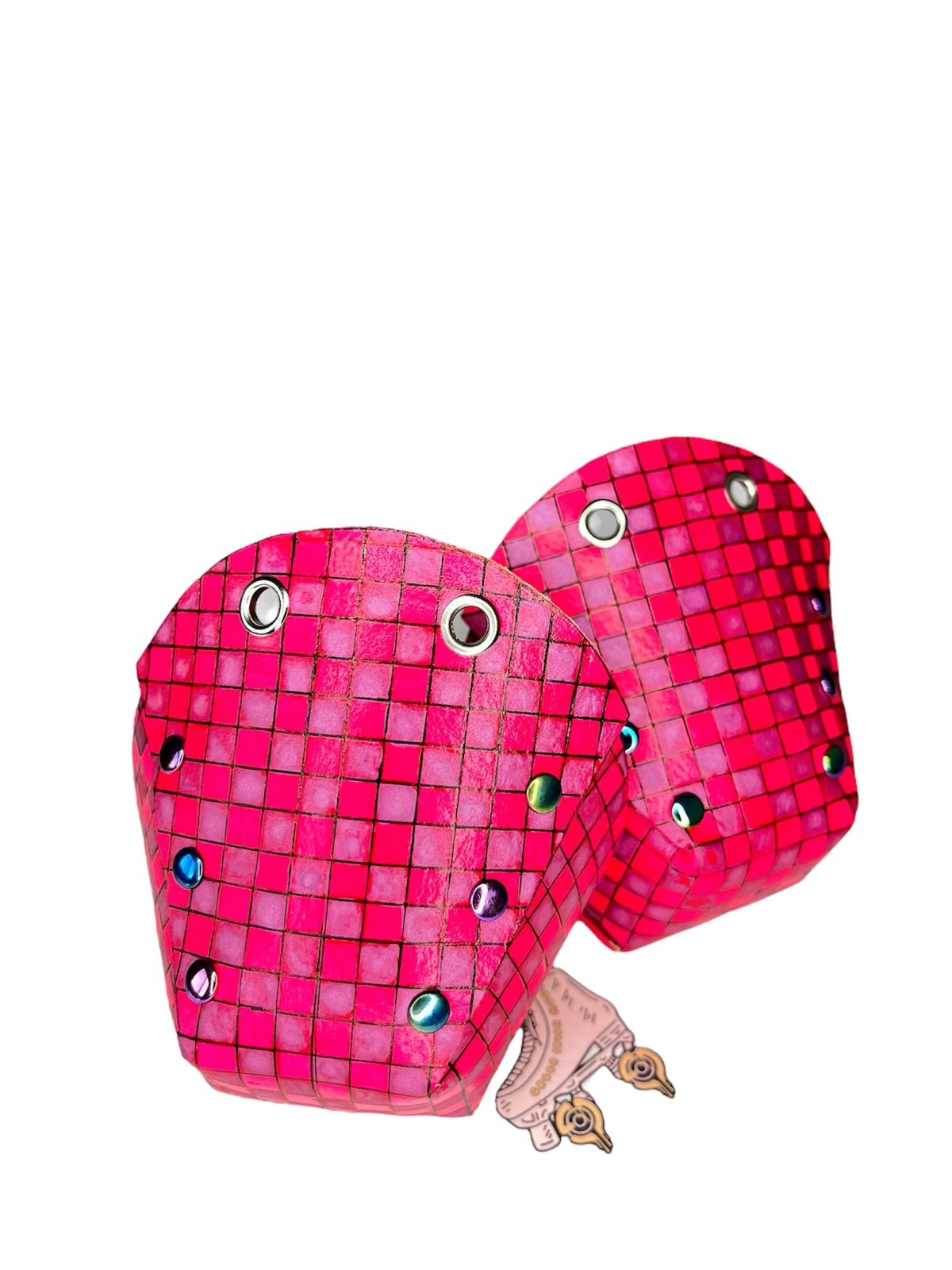 Neon pink purple checker leather toe guards for roller skates