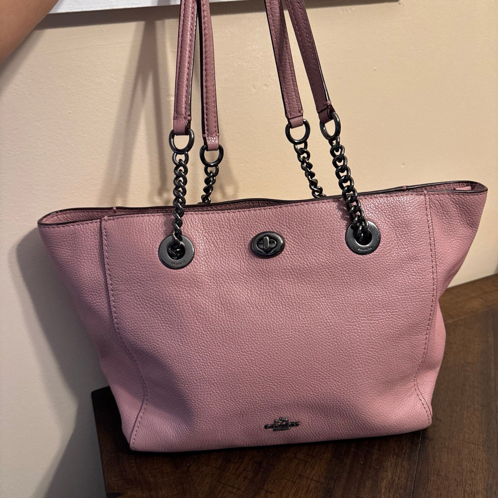 Coach Dusty Pink Leather Turnlock Chain Tote