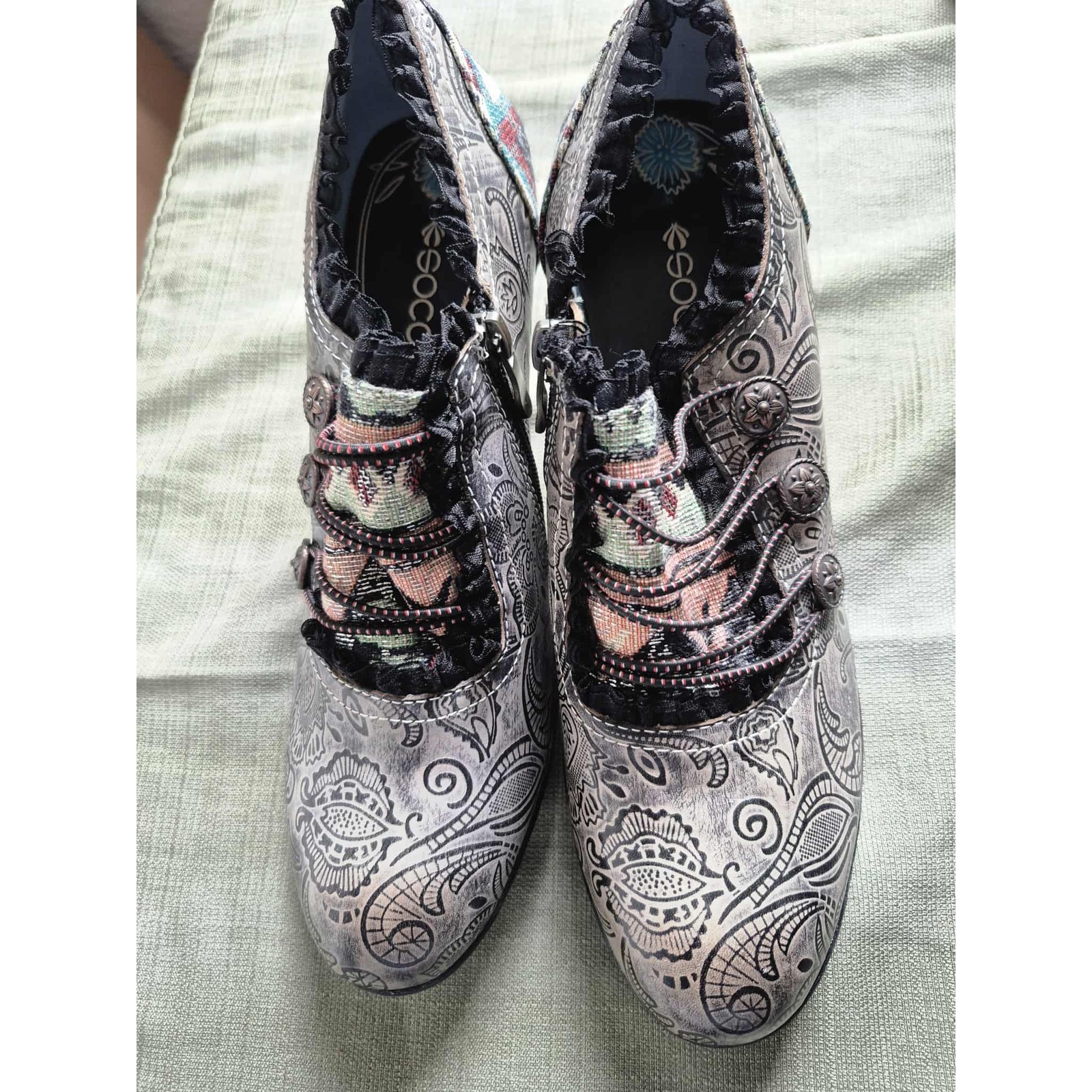 Socofy Women's Size 40 Ankle Boots Size 9 -9.5 Paisley Print Lace Up Zipper Heel