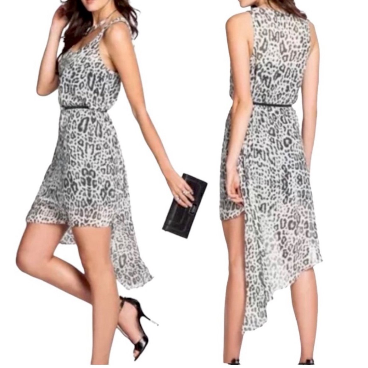 GUESS Leopard Print Asymmetrical Mini Dress Gray Black XS Animal Print Chiffon