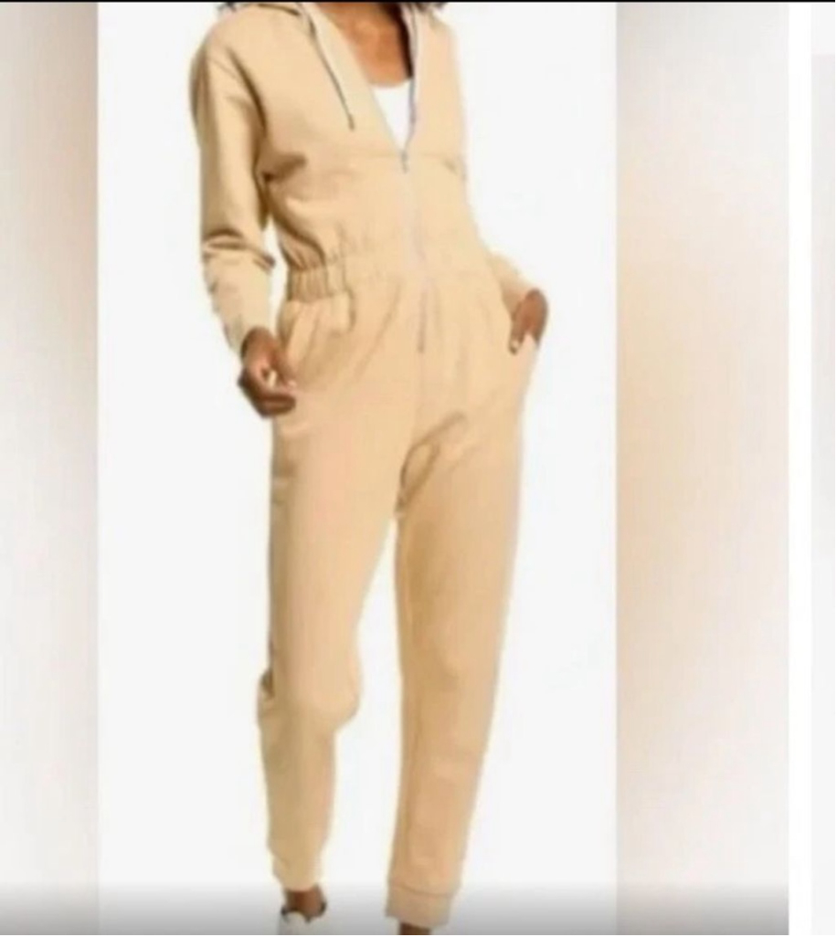 We Wore What Womens Front Zip Long Sleeve Hooded Jumpsuit Beige Size L